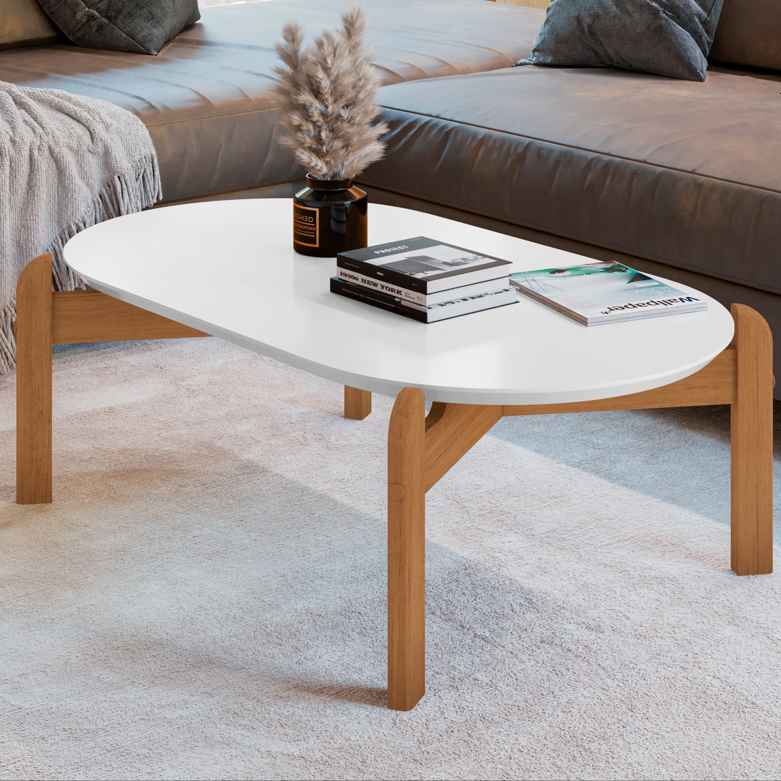 Mesa de Centro Lizz Apoio Base de Madeira Tampo Oblongo Decorativa - LH Móveis