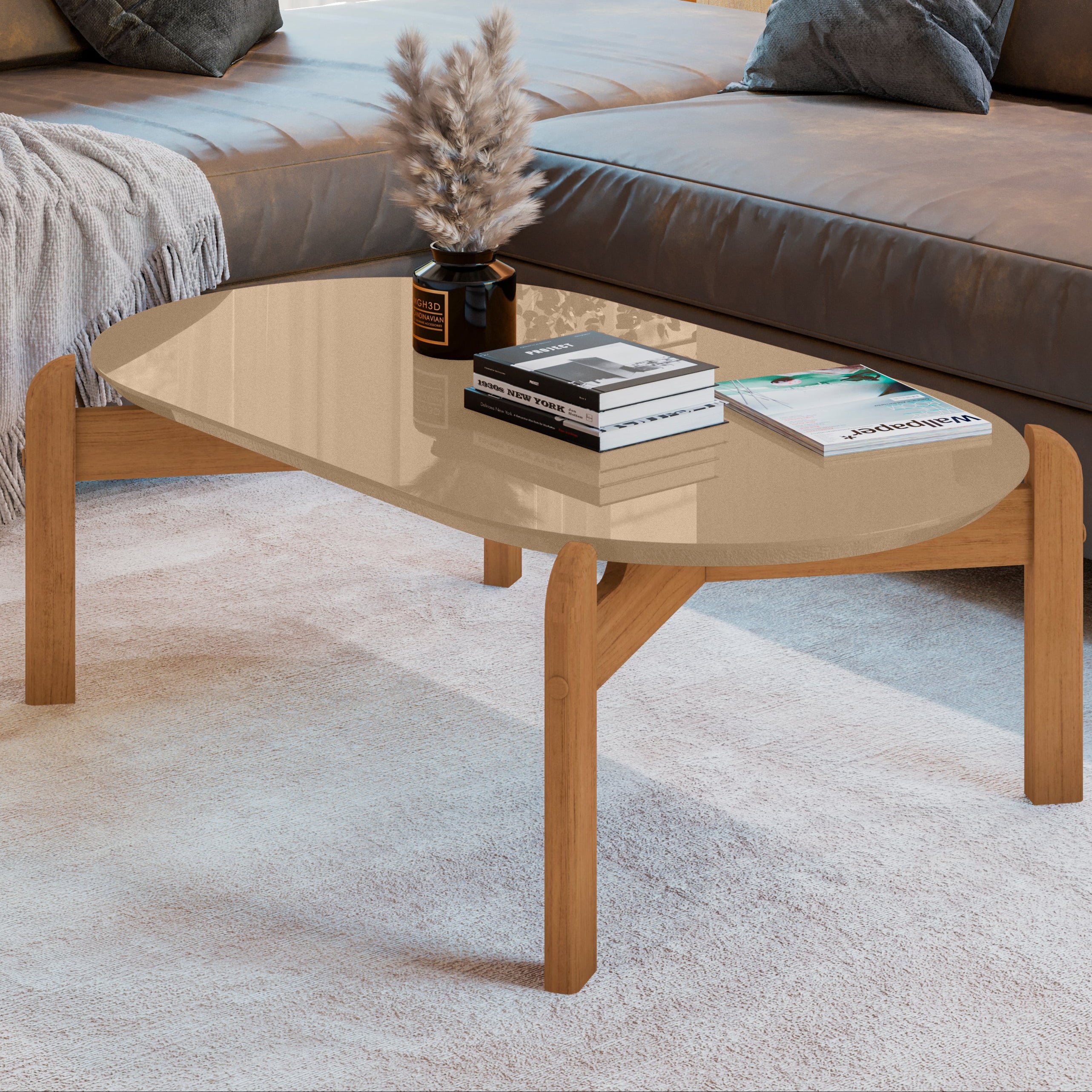 Mesa de Centro Lizz Apoio Base de Madeira Tampo Oblongo Decorativa - LH Móveis