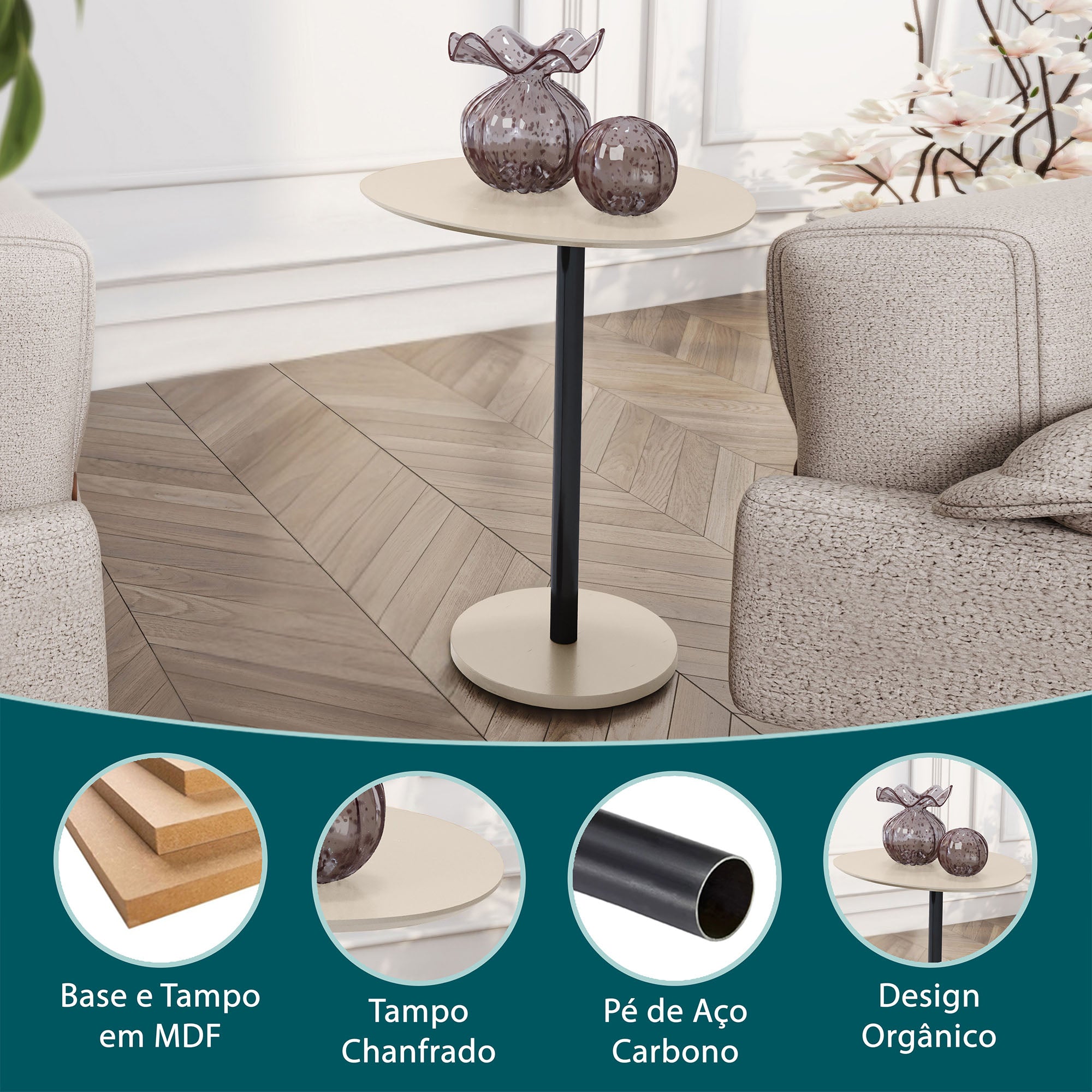 Mesa Lateral Unitária Vitta Design Orgânico em MDF Com Base em Aço - LH Móveis