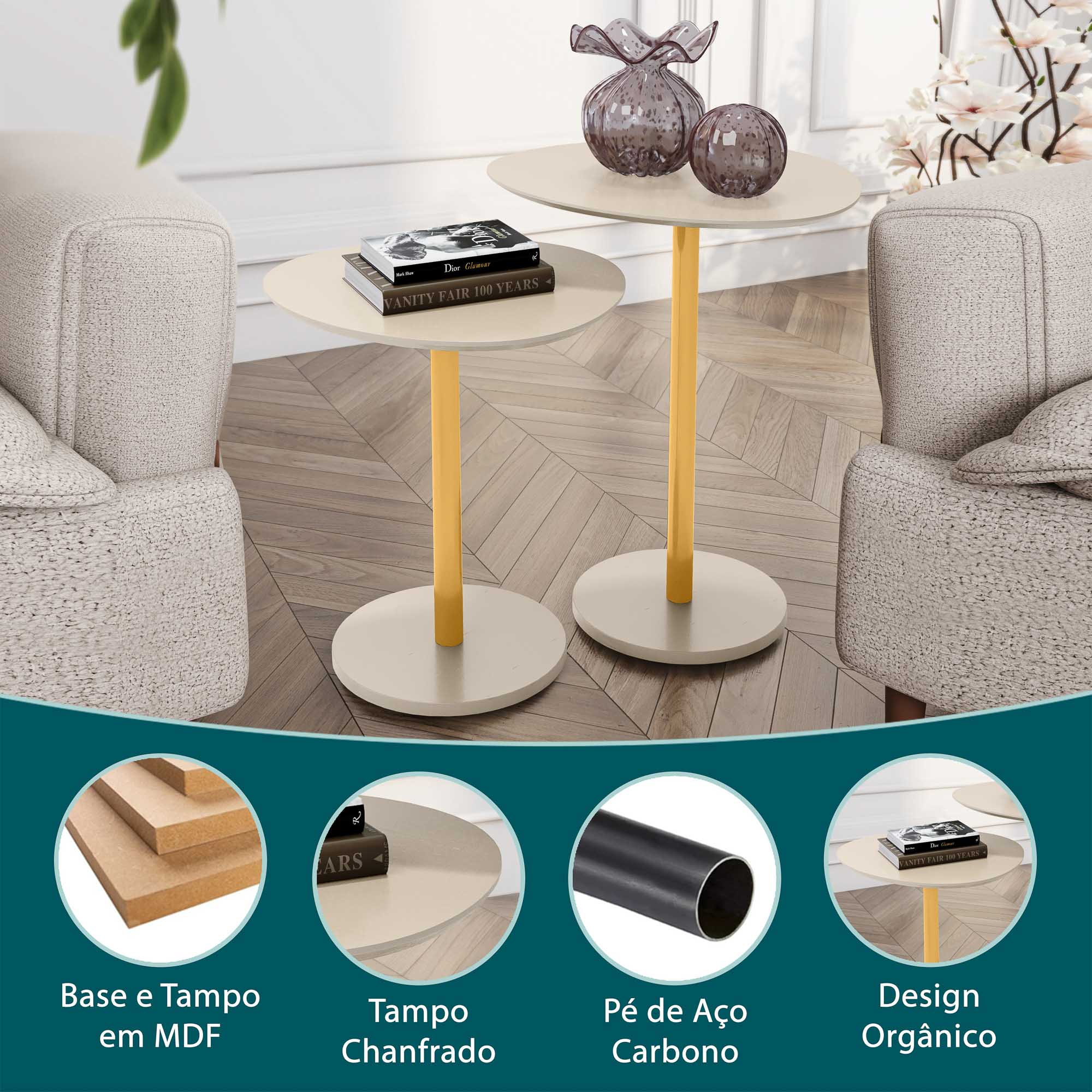 Conjunto Mesa Lateral Vitta Design Orgânico em MDF Haste Dourada Para Decoração - LH Móveis
