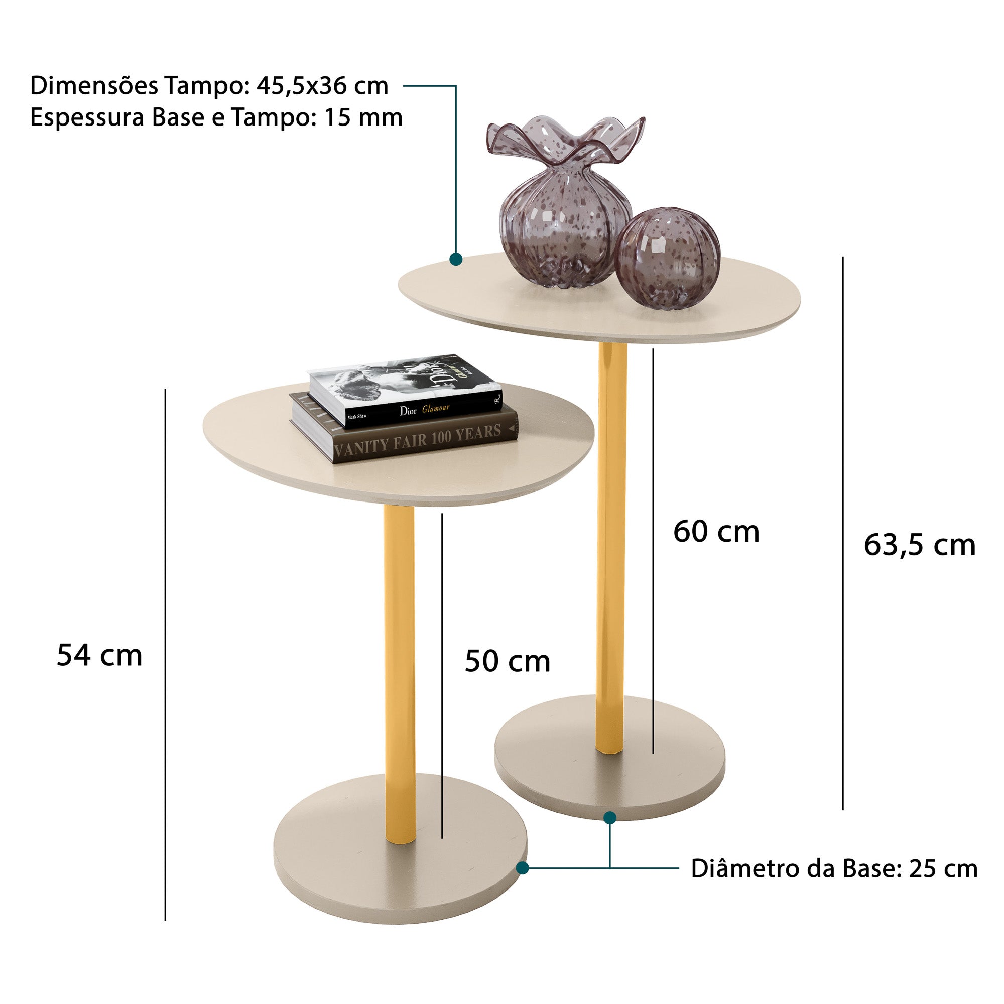 Conjunto Mesa Lateral Vitta Design Orgânico em MDF Haste Dourada Para Decoração - LH Móveis