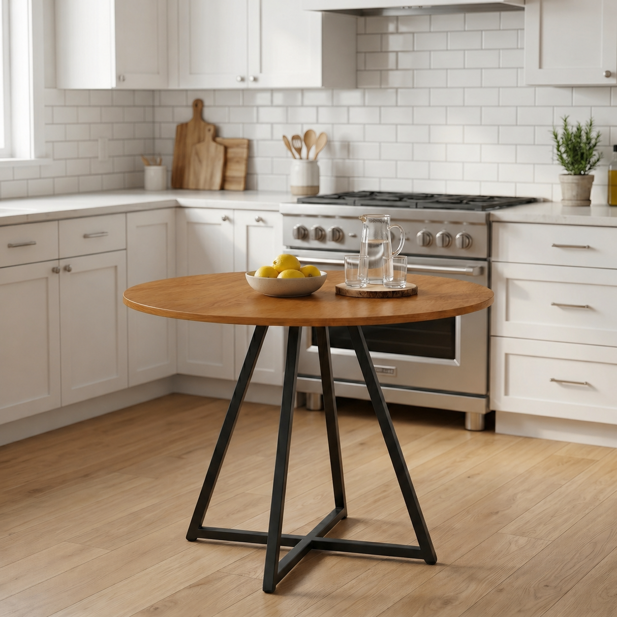 Mesa de Jantar e Reunião Requinte 90 cm Redonda Tampo MDF Estilo Industrial Pés Aço Design Moderno Resistente - LH Móveis