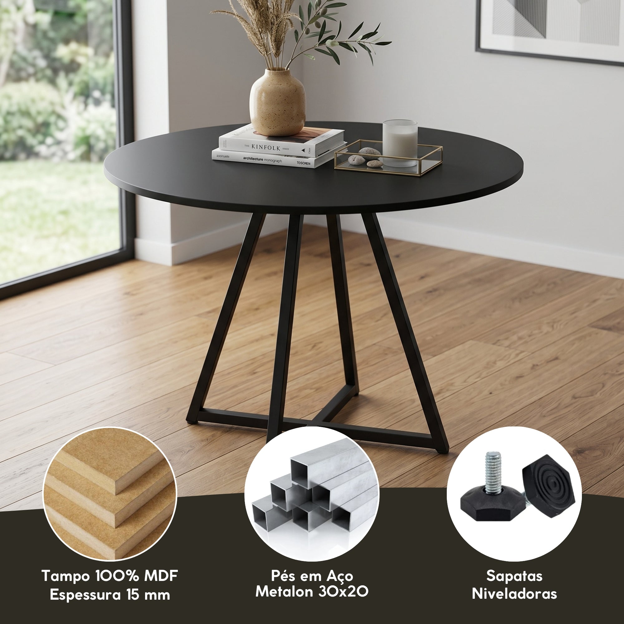 Mesa de Jantar e Reunião Requinte 90 cm Redonda Tampo MDF Estilo Industrial Pés Aço Design Moderno Resistente - LH Móveis