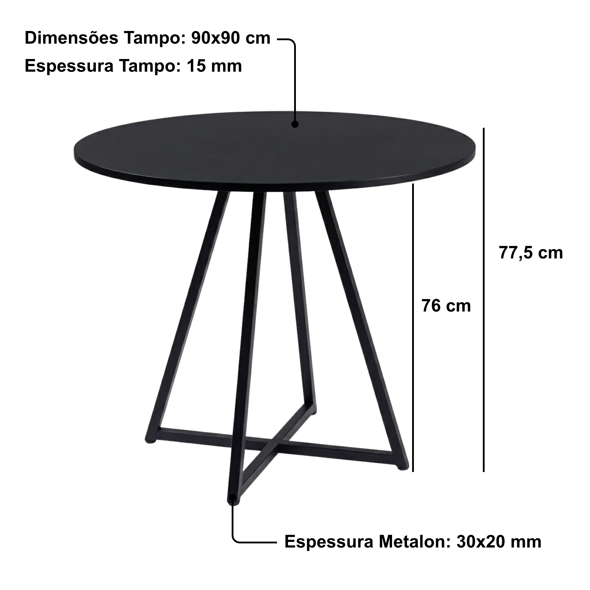 Mesa de Jantar e Reunião Requinte 90 cm Redonda Tampo MDF Estilo Industrial Pés Aço Design Moderno Resistente - LH Móveis