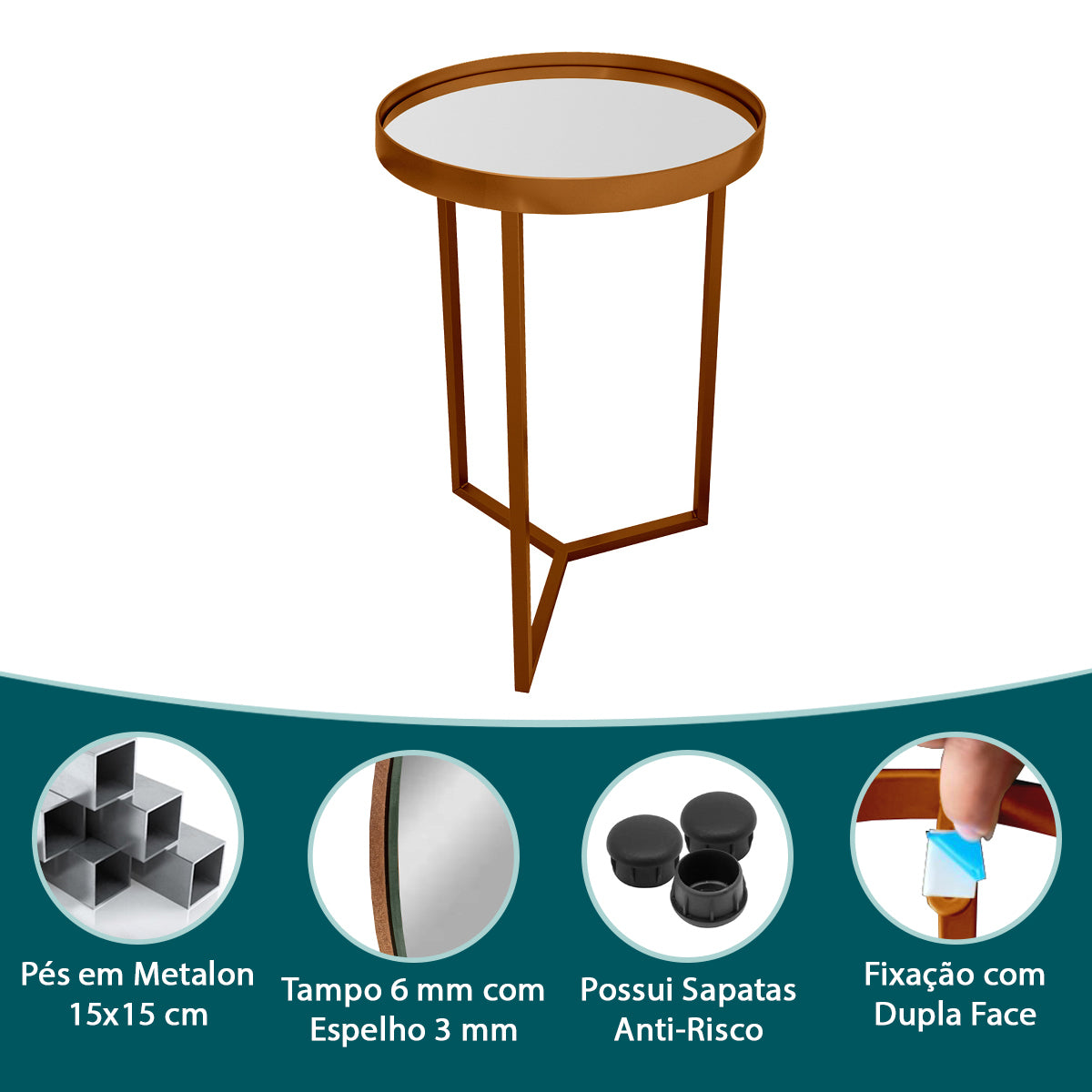 Mesa Lateral Unitária Steel Glass 56cm Base de Aço Tampo com Espelho - LH Móveis
