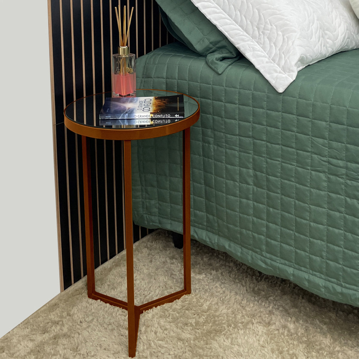 Mesa Lateral Unitária Steel Glass 56cm Base de Aço Tampo com Espelho - LH Móveis