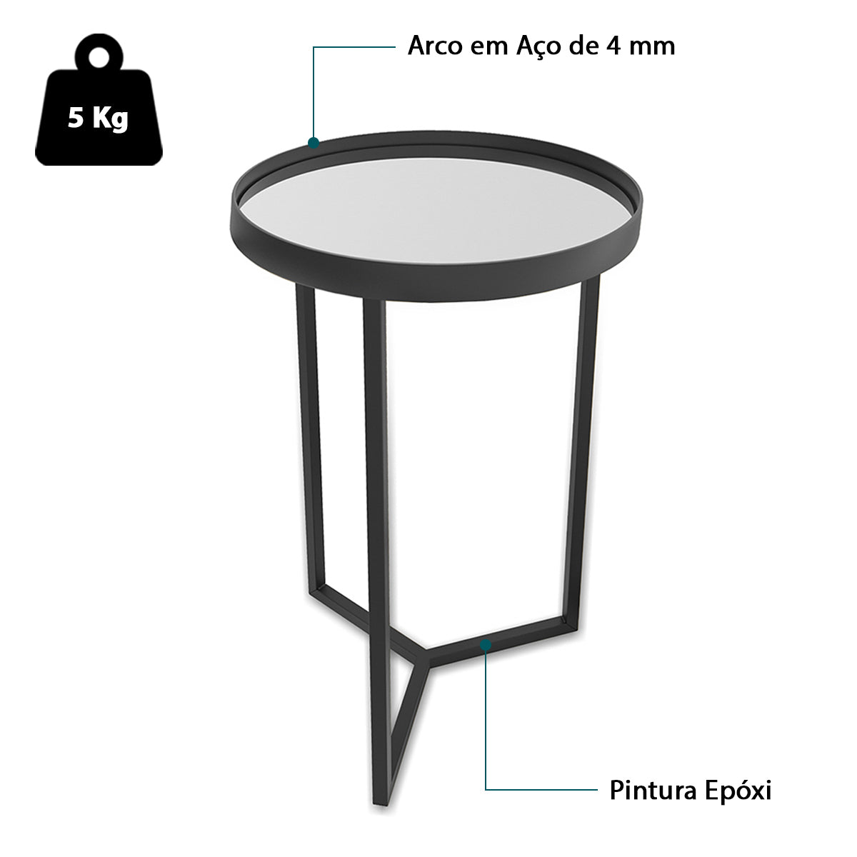 Mesa Lateral Unitária Steel Glass 56cm Base de Aço Tampo com Espelho - LH Móveis