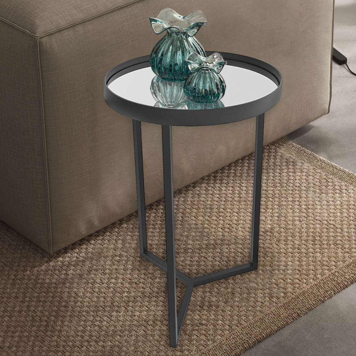 Mesa Lateral Unitária Steel Glass 56cm Base de Aço Tampo com Espelho - LH Móveis