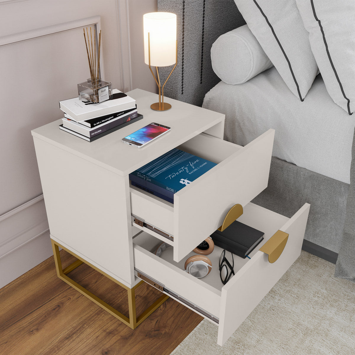 Kit 02 Mesa de Cabeceira Steel Luxo Modelo Industrial Com Pés de Aço e Puxador Meia Lua - LH Móveis