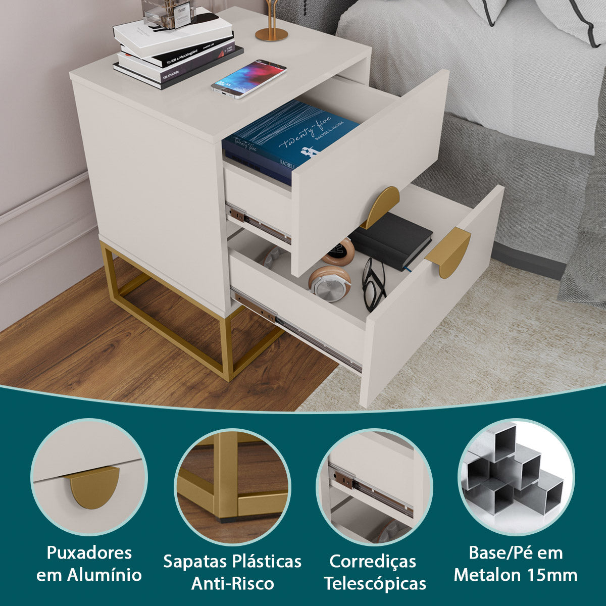 Mesa de Cabeceira Steel Luxo Modelo Industrial Com Pés de Aço e Puxador Meia Lua - LH Móveis