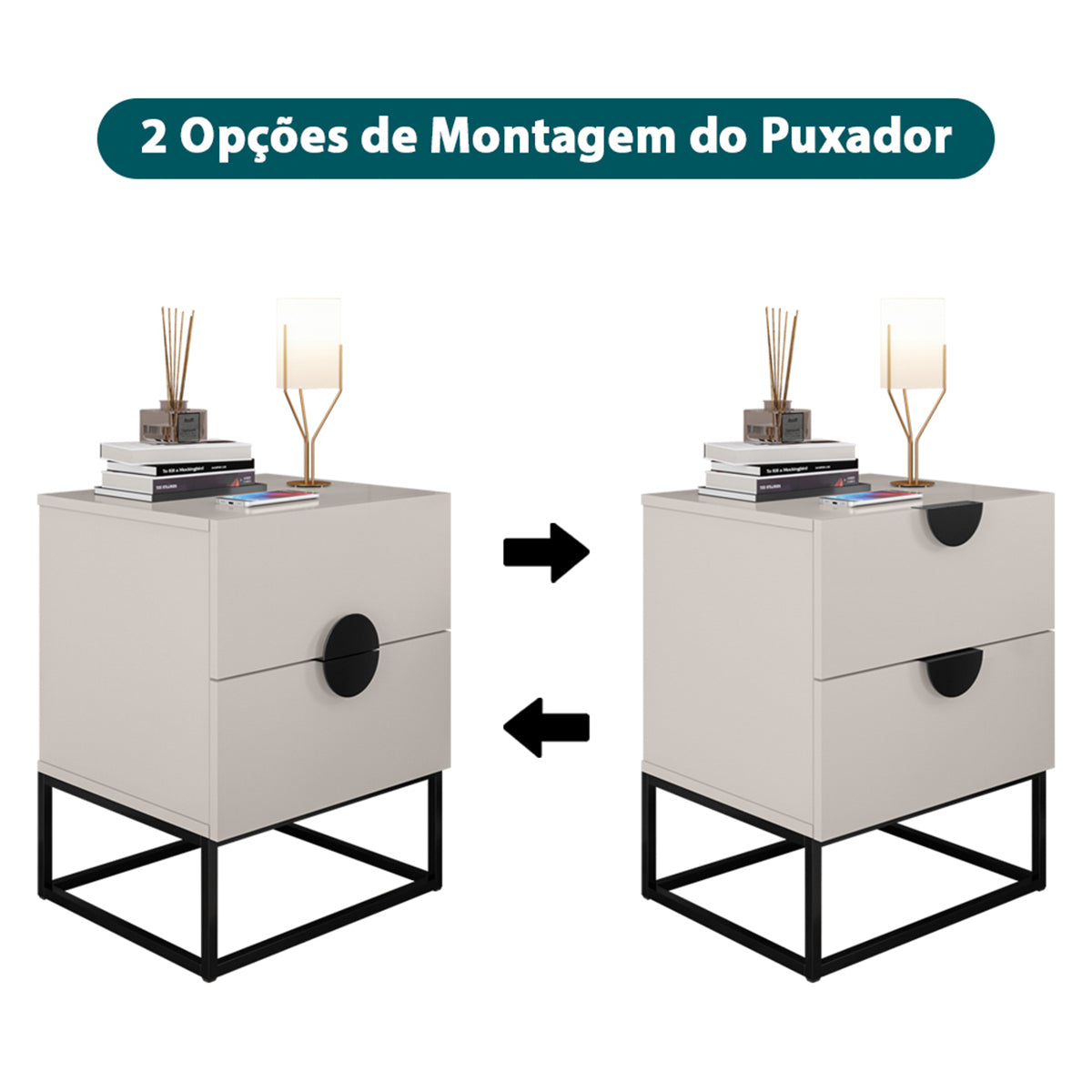 Kit 02 Mesa de Cabeceira Steel Luxo Modelo Industrial Com Pés de Aço e Puxador Meia Lua - LH Móveis