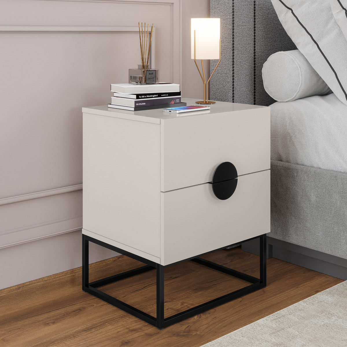 Kit 02 Mesa de Cabeceira Steel Luxo Modelo Industrial Com Pés de Aço e Puxador Meia Lua - LH Móveis