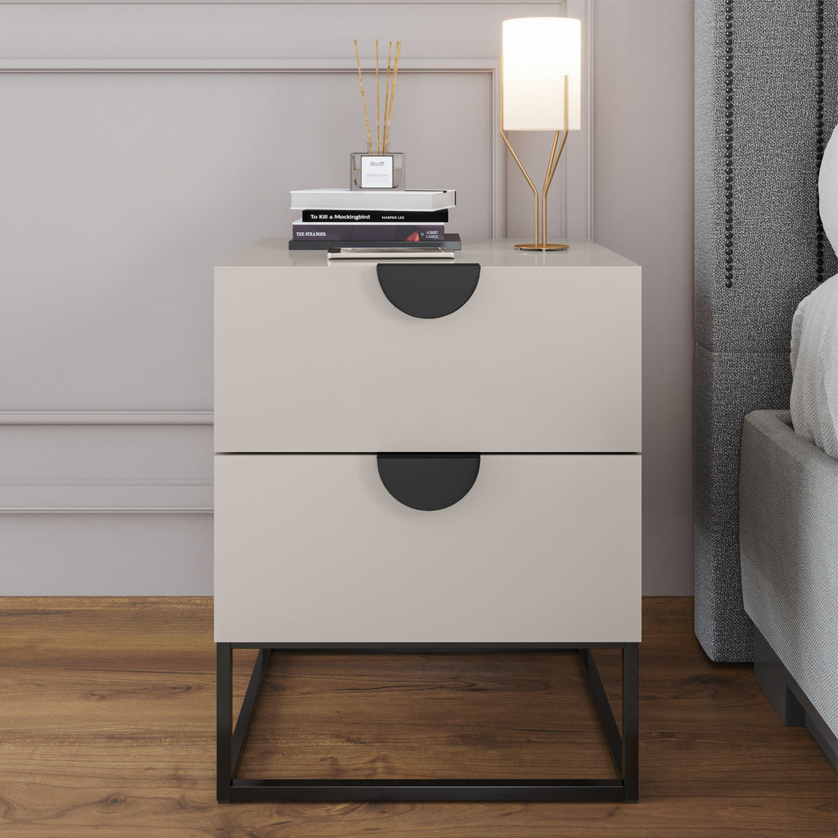 Kit 02 Mesa de Cabeceira Steel Luxo Modelo Industrial Com Pés de Aço e Puxador Meia Lua - LH Móveis