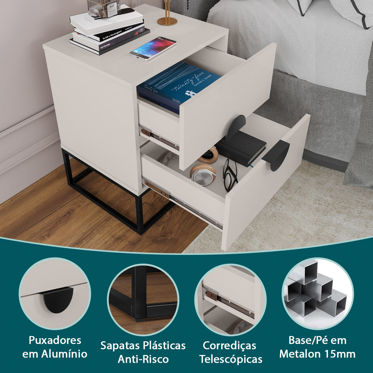 Kit 02 Mesa de Cabeceira Steel Luxo Modelo Industrial Com Pés de Aço e Puxador Meia Lua - LH Móveis