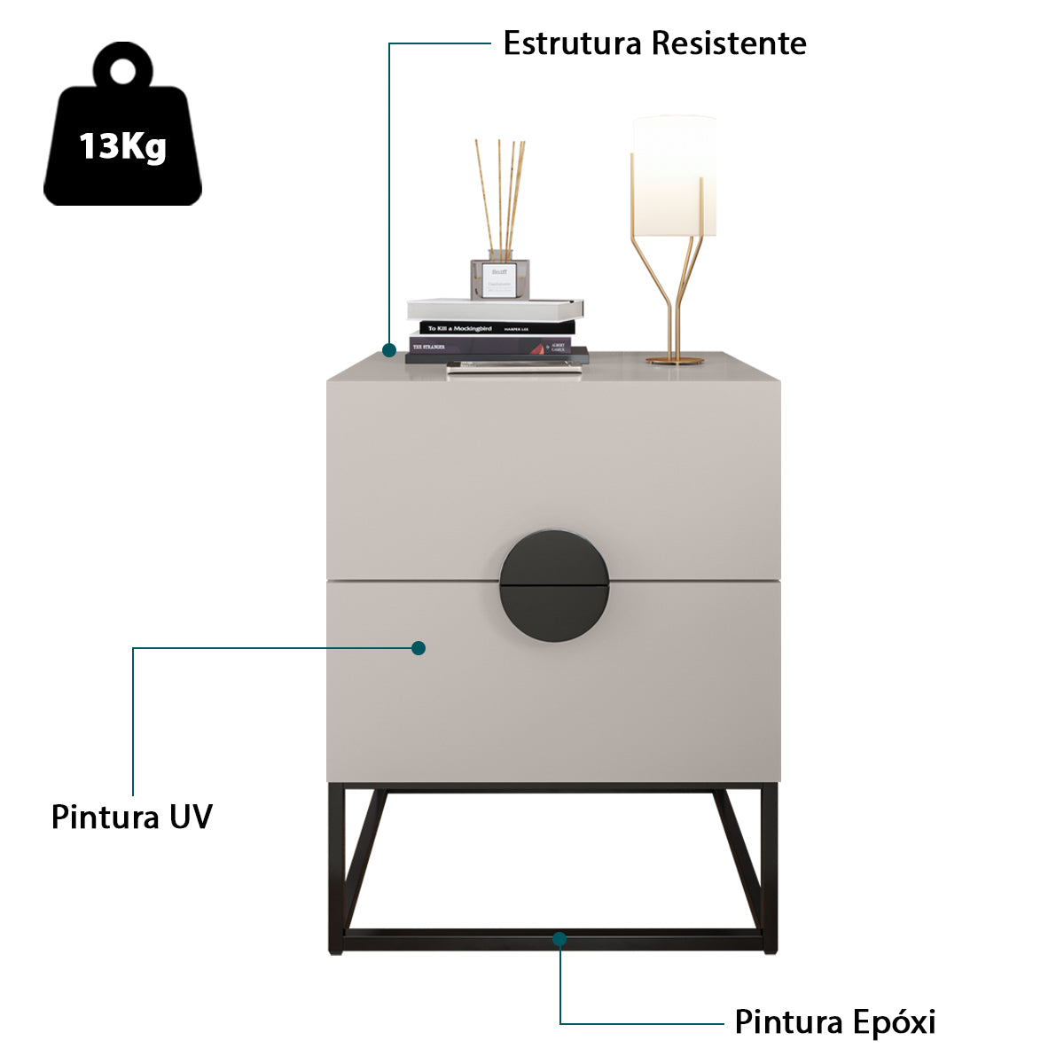 Kit 02 Mesa de Cabeceira Steel Luxo Modelo Industrial Com Pés de Aço e Puxador Meia Lua - LH Móveis