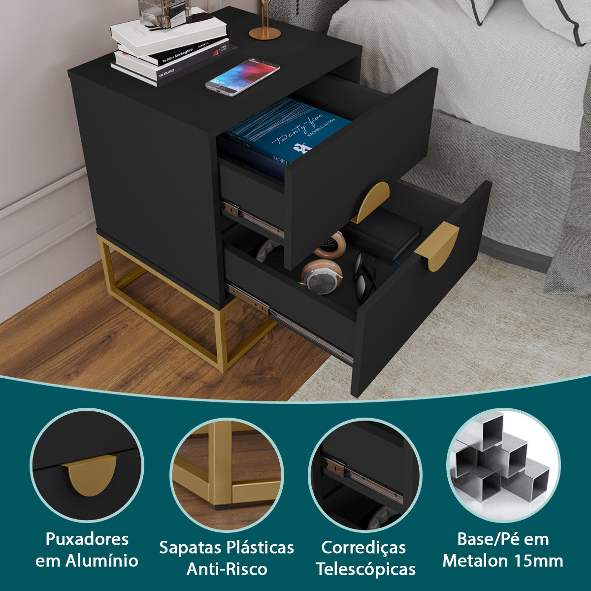 Kit 02 Mesas de Cabeceira Steel Luxo Base de Aço Puxador Lua 2 Gavetas Estilo Industrial - LH Móveis