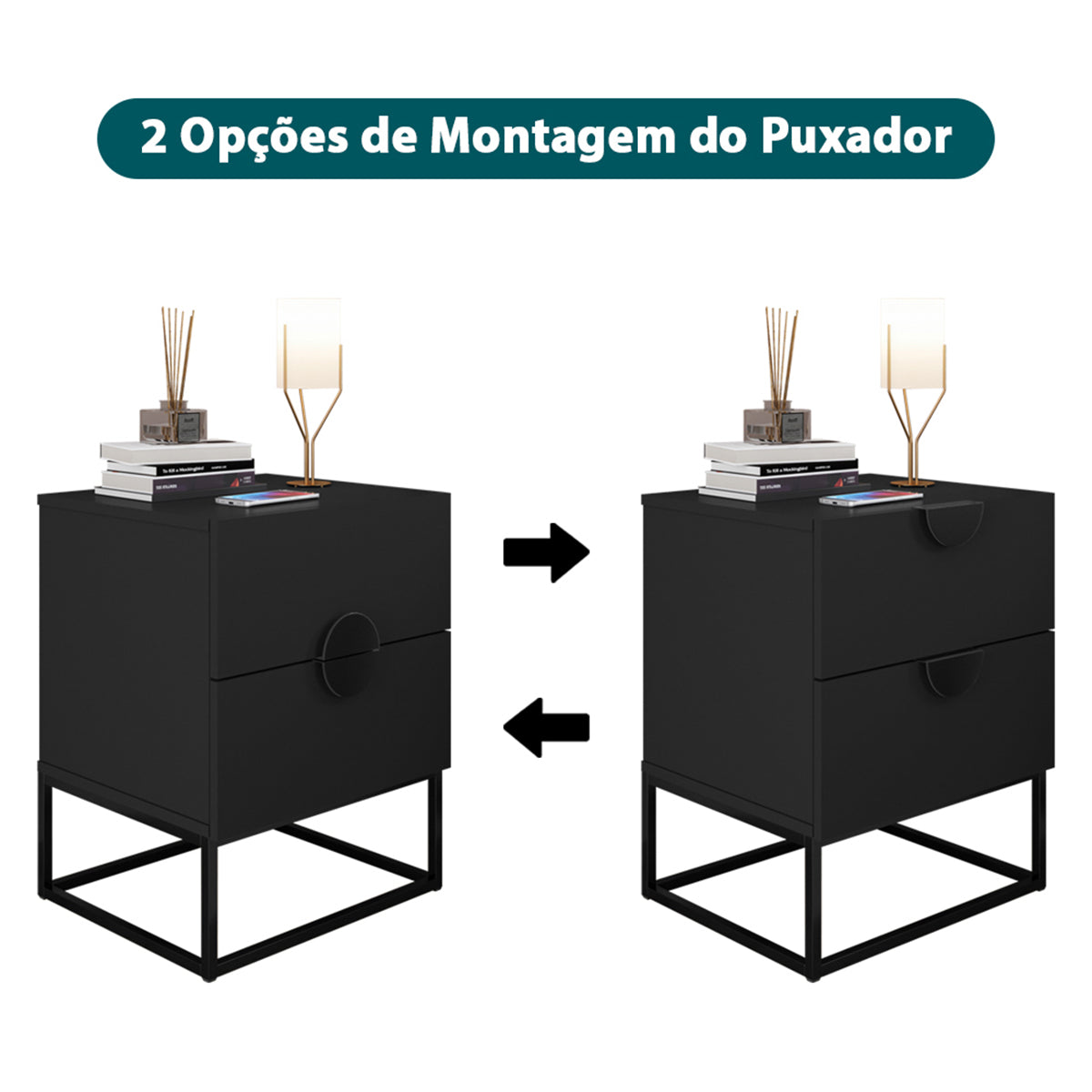 Kit 02 Mesas de Cabeceira Steel Luxo Base de Aço Puxador Lua 2 Gavetas Estilo Industrial - LH Móveis