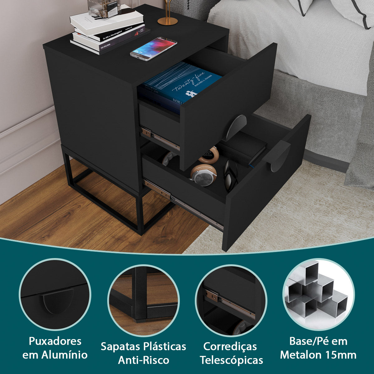 Mesa de Cabeceira Steel Glass Base de Aço Estilo Industrial com 2 Gavetas - LH Móveis