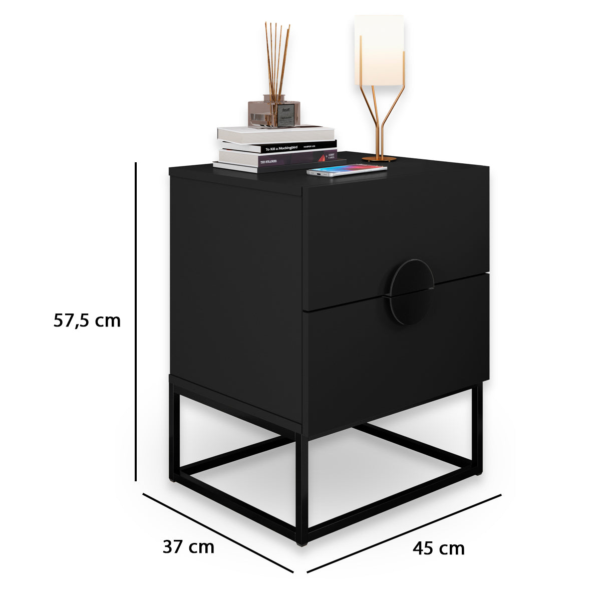 Kit 02 Mesas de Cabeceira Steel Luxo Base de Aço Puxador Lua 2 Gavetas Estilo Industrial - LH Móveis