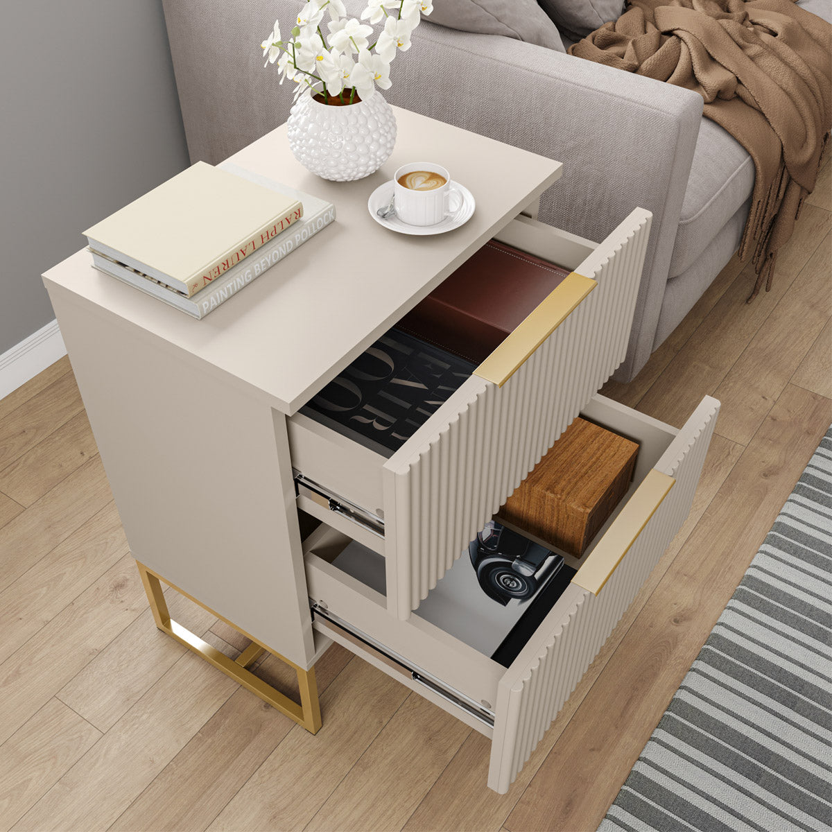 Mesa de Cabeceira Lumia Detalhe Ripado 100% MDF Com 2 Gavetas Puxador Slim Base de Aço - LH Móveis