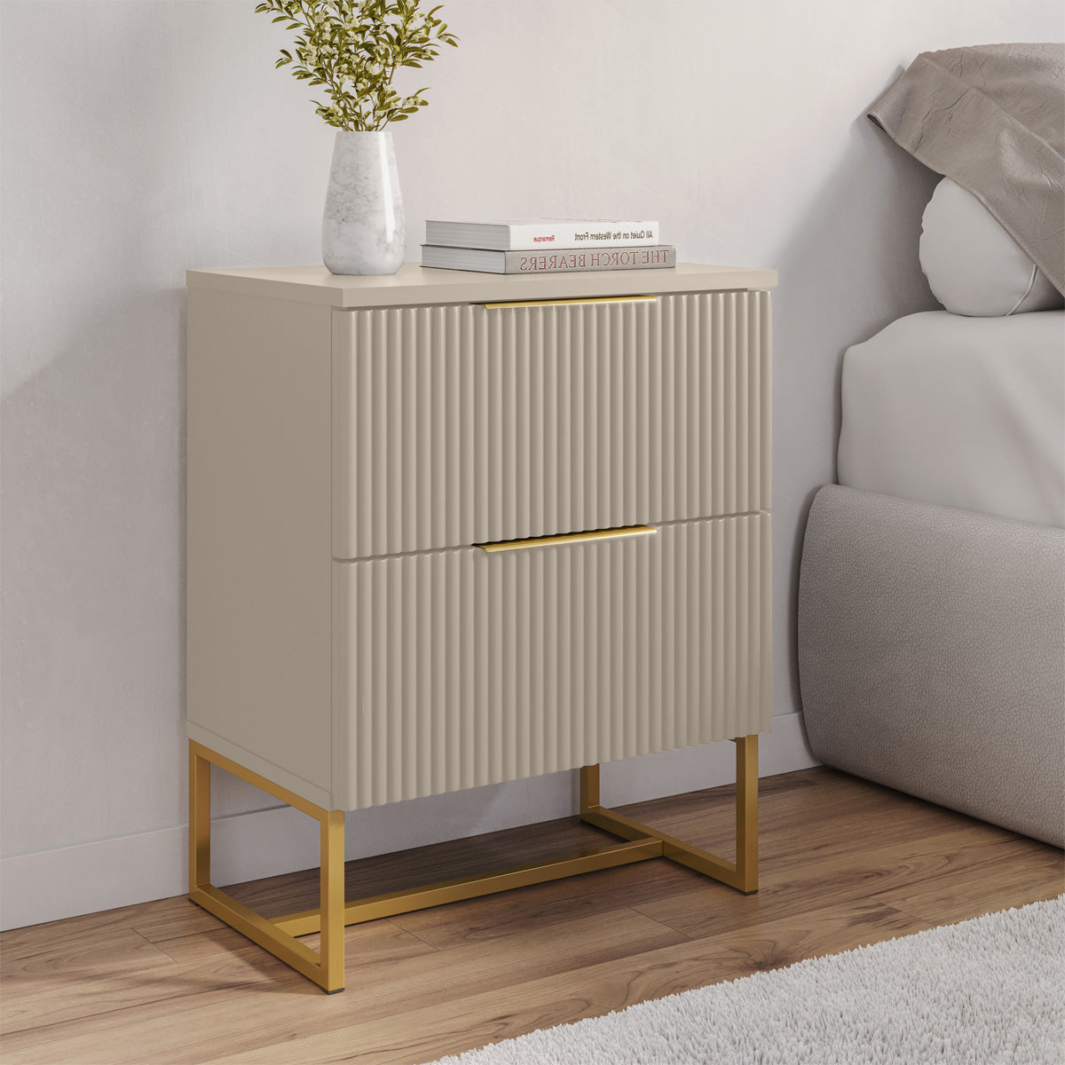 Mesa de Cabeceira Lumia Detalhe Ripado 100% MDF Com 2 Gavetas Puxador Slim Base de Aço - LH Móveis