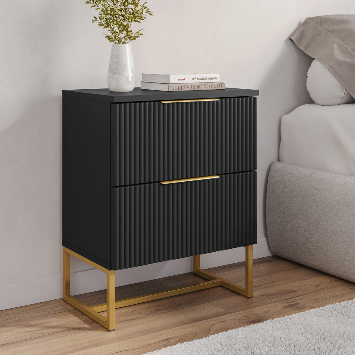 Mesa de Cabeceira Lumia Detalhe Ripado 100% MDF Com 2 Gavetas Puxador Slim Base de Aço - LH Móveis