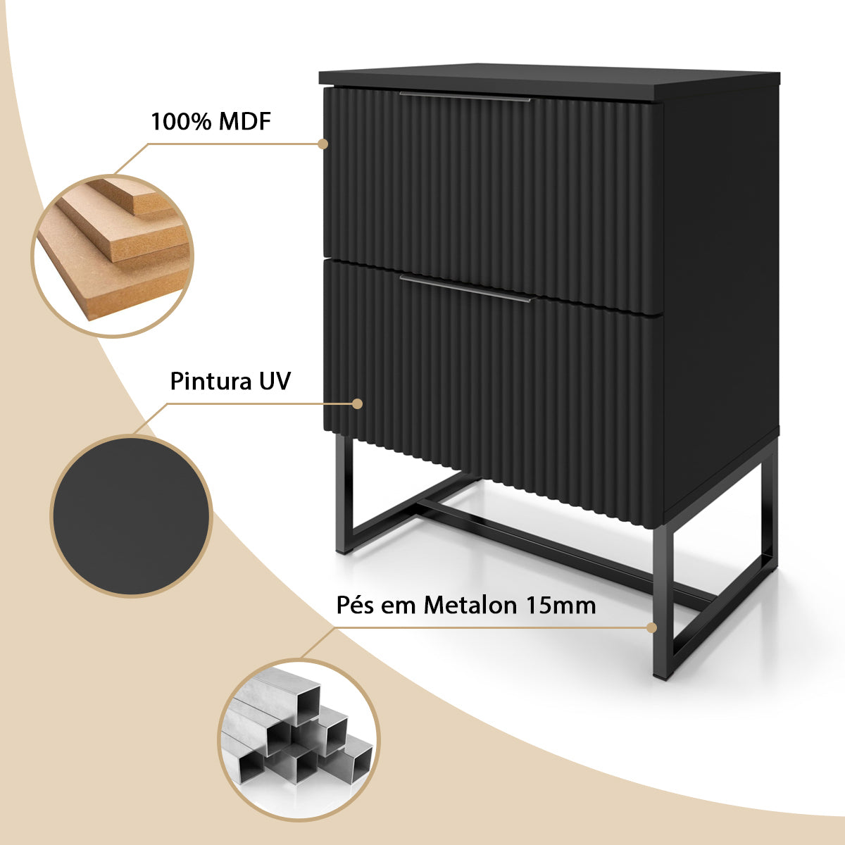 Mesa de Cabeceira Lumia Detalhe Ripado 100% MDF Com 2 Gavetas Puxador Slim Base de Aço - LH Móveis
