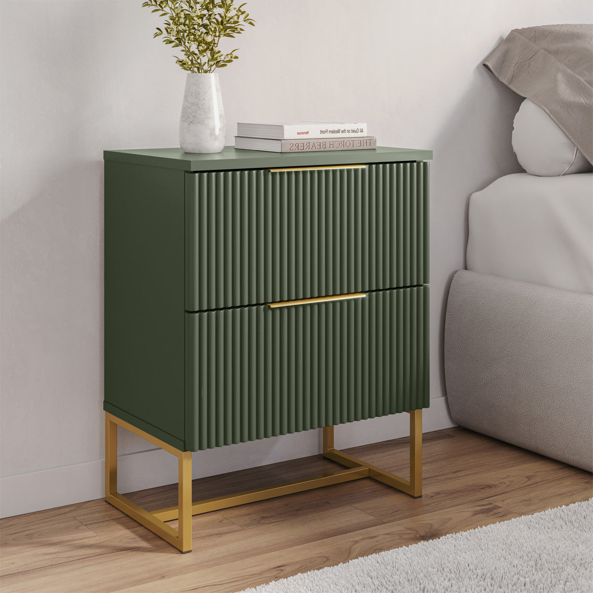 Mesa de Cabeceira Lumia Detalhe Ripado 100% MDF Com 2 Gavetas Puxador Slim Base de Aço - LH Móveis