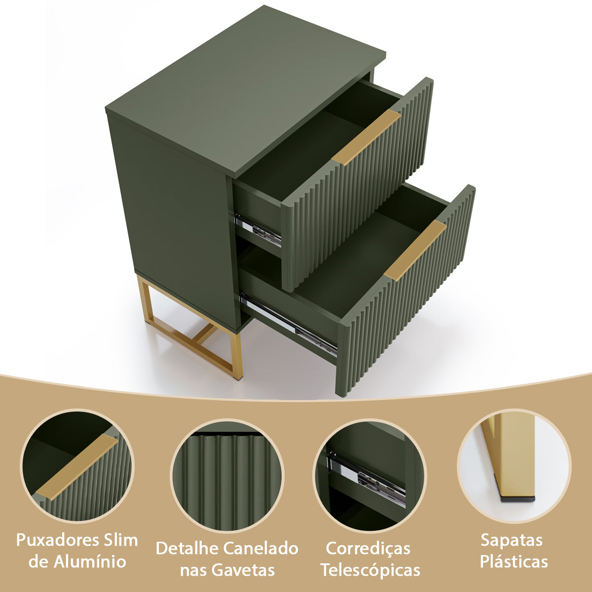 Mesa de Cabeceira Lumia Detalhe Ripado 100% MDF Com 2 Gavetas Puxador Slim Base de Aço - LH Móveis