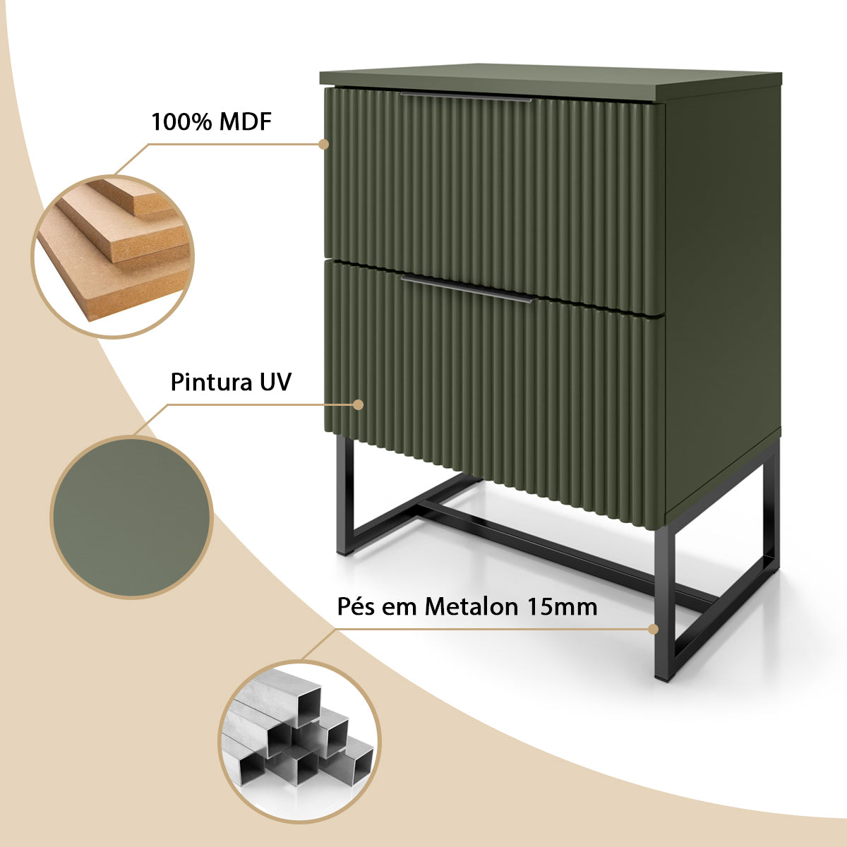 Conjunto 2 Mesas de Cabeceira Lumia Detalhe Ripado Abaulado 2 Gavetas Base de Aço Puxador Slim - LH Móveis