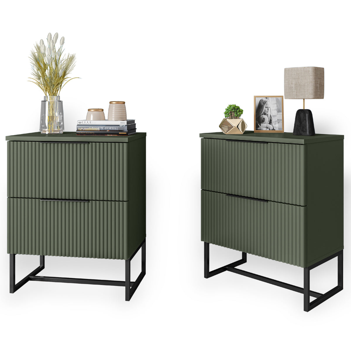 Conjunto 2 Mesas de Cabeceira Lumia Detalhe Ripado Abaulado 2 Gavetas Base de Aço Puxador Slim - LH Móveis