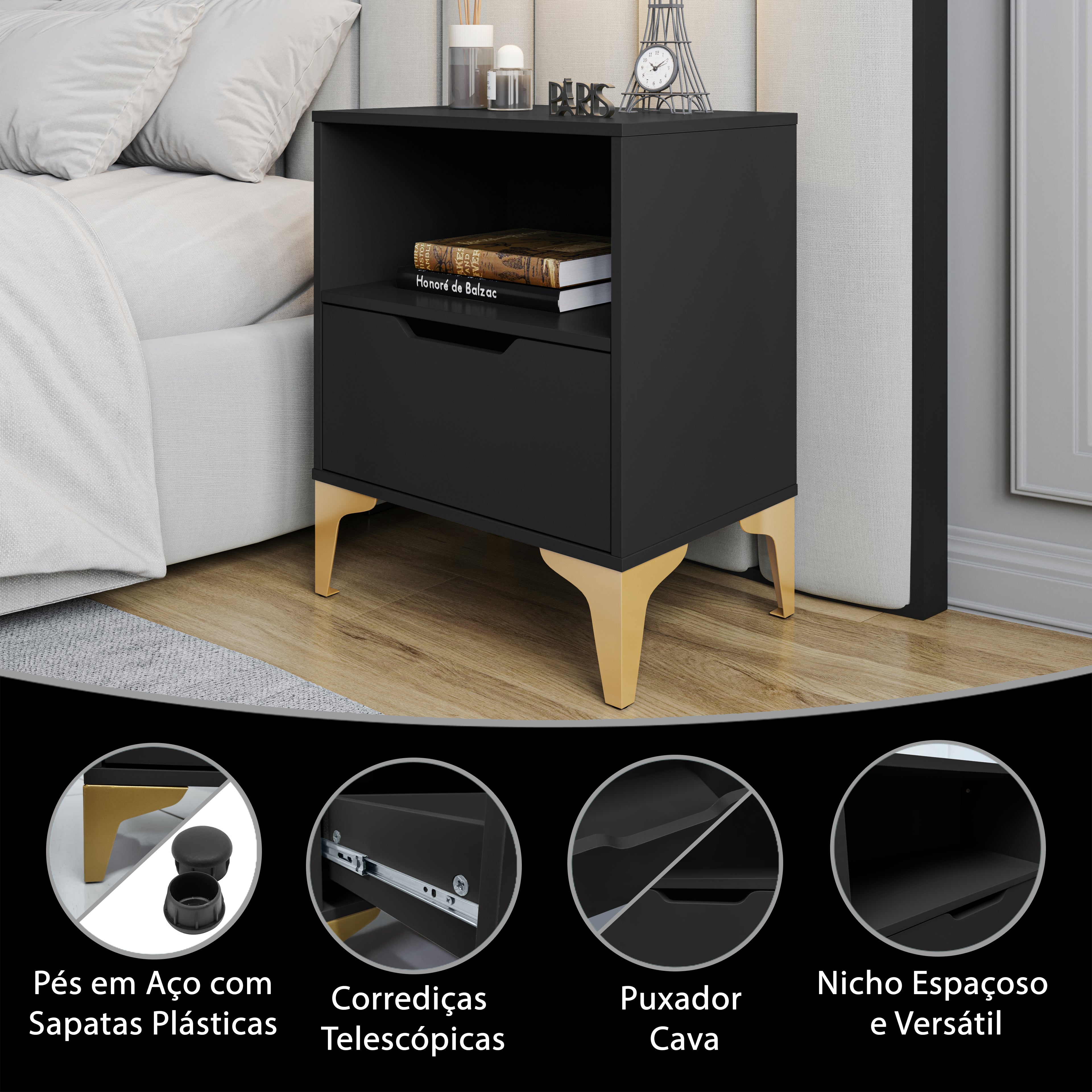 Mesa de Cabeceira Industrial Vegas com 1 Gaveta Corrediça Telescópica Nicho Versátil Base de Aço - LH Móveis