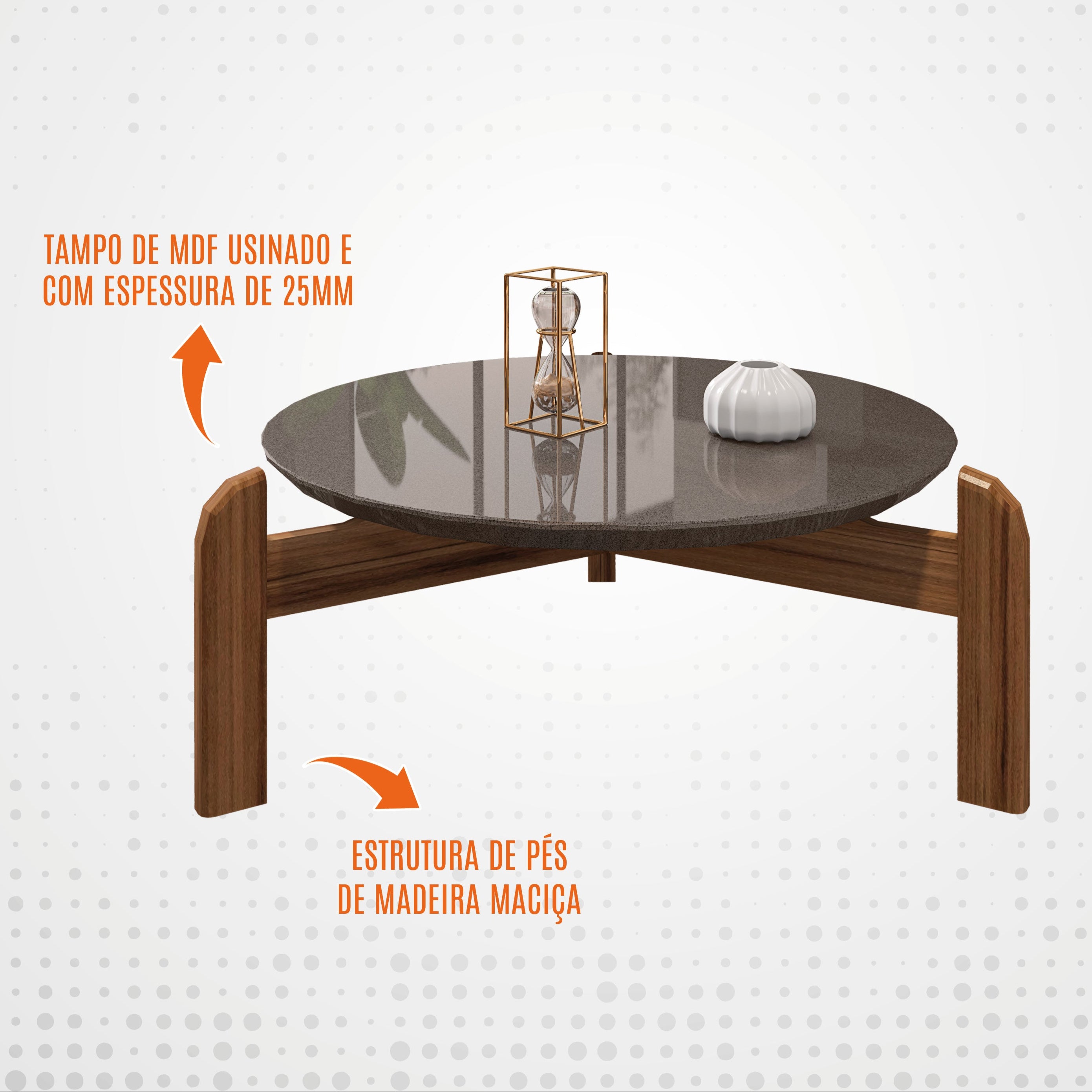Mesa de Centro Lizz Tampo em MDF Apoio Com Base de Madeira Decorativa Lateral - LH Móveis