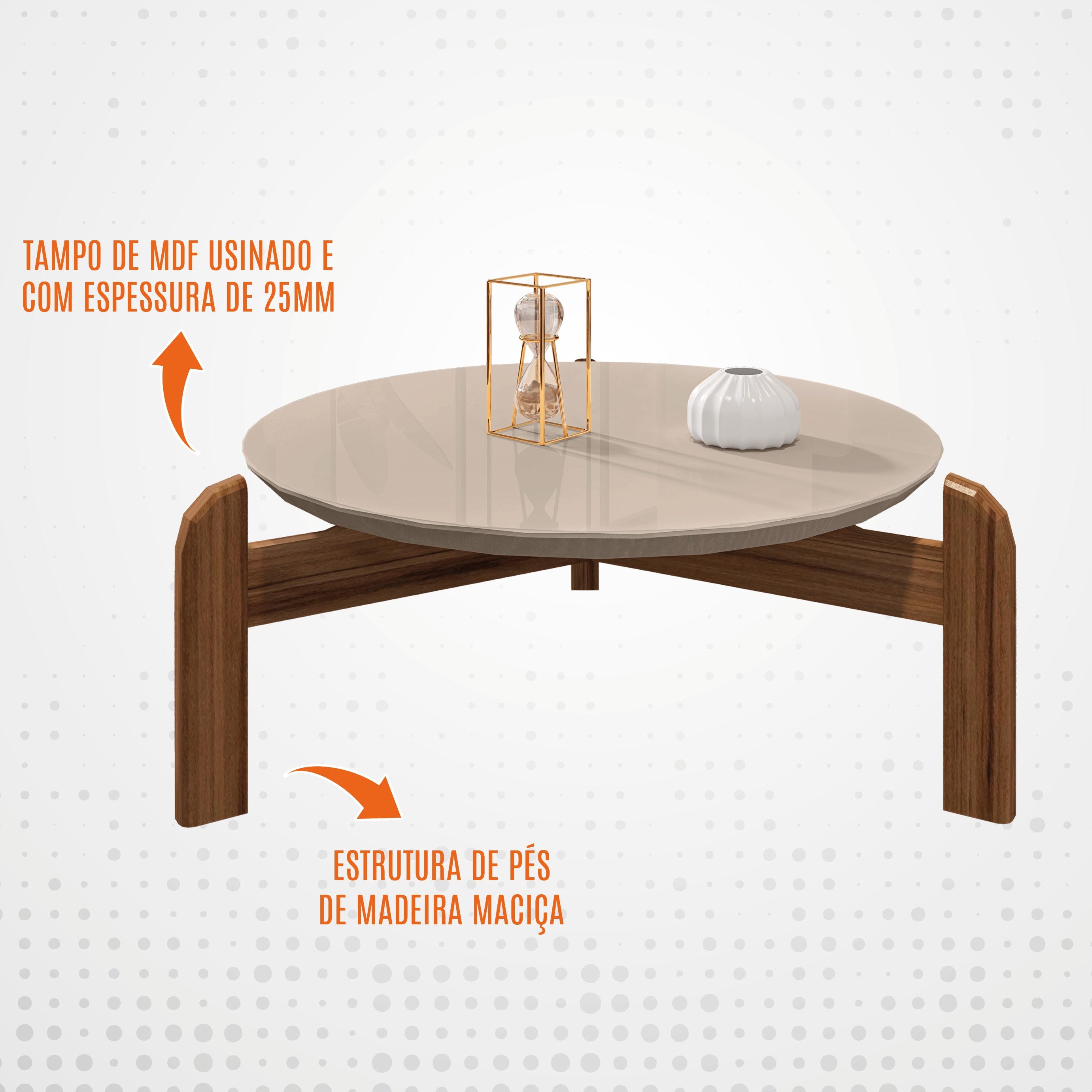 Mesa de Centro Lizz Tampo em MDF Apoio Com Base de Madeira Decorativa Lateral - LH Móveis