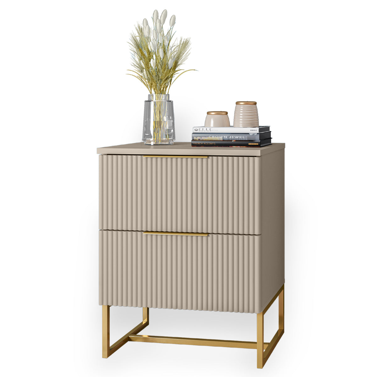 Mesa de Cabeceira Lumia Detalhe Ripado 100% MDF Com 2 Gavetas Puxador Slim Base de Aço - LH Móveis