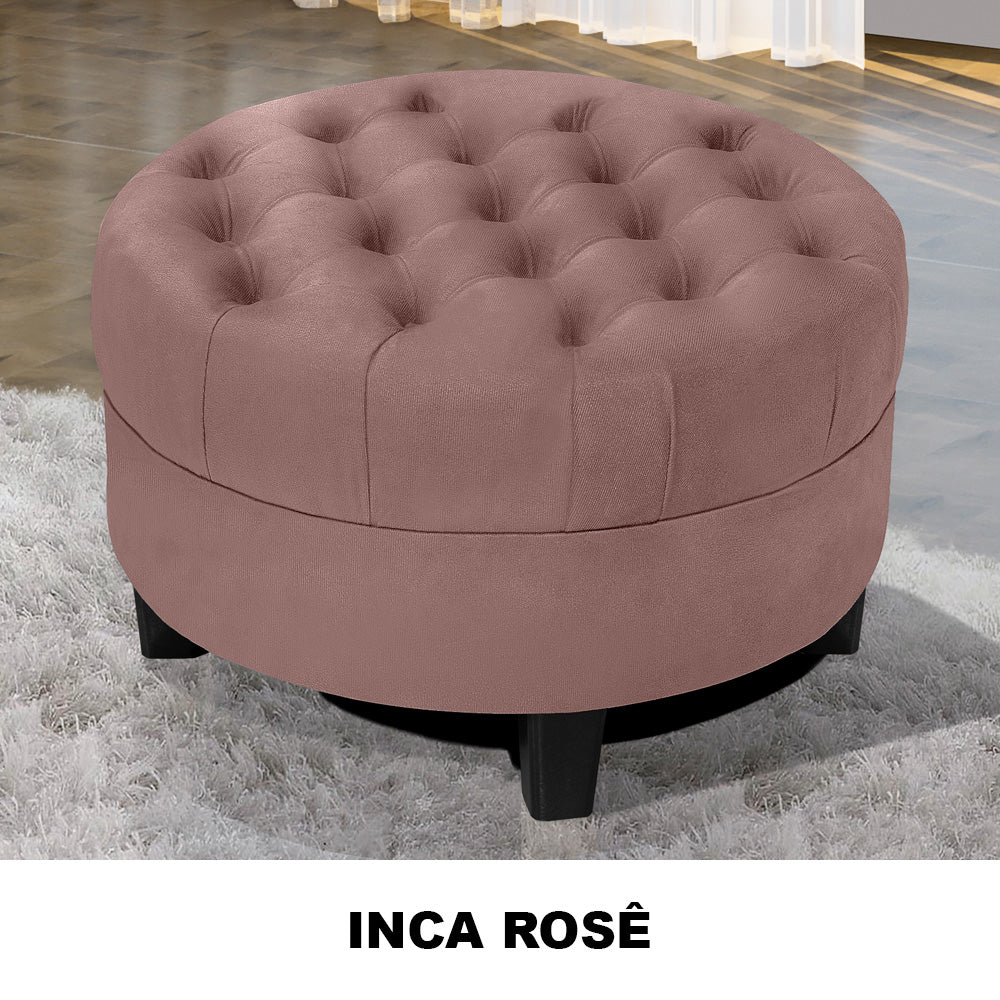 Puff Redondo Amsterdã Decorativo Estrutura em Madeira Detalhe Capitonê - LH Móveis