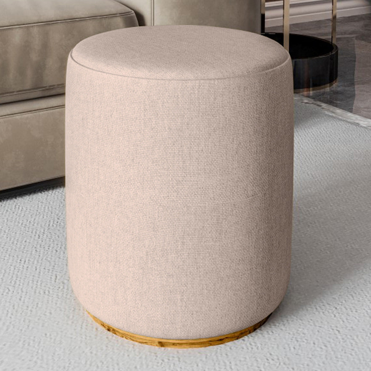 Puff Redondo Estofado Lino Unitário ou Kit Base de Madeira Revestimento em Linhão Decorativo - LH Móveis