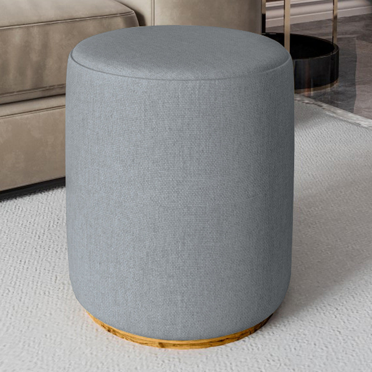 Puff Redondo Estofado Lino Unitário ou Kit Base de Madeira Revestimento em Linhão Decorativo - LH Móveis