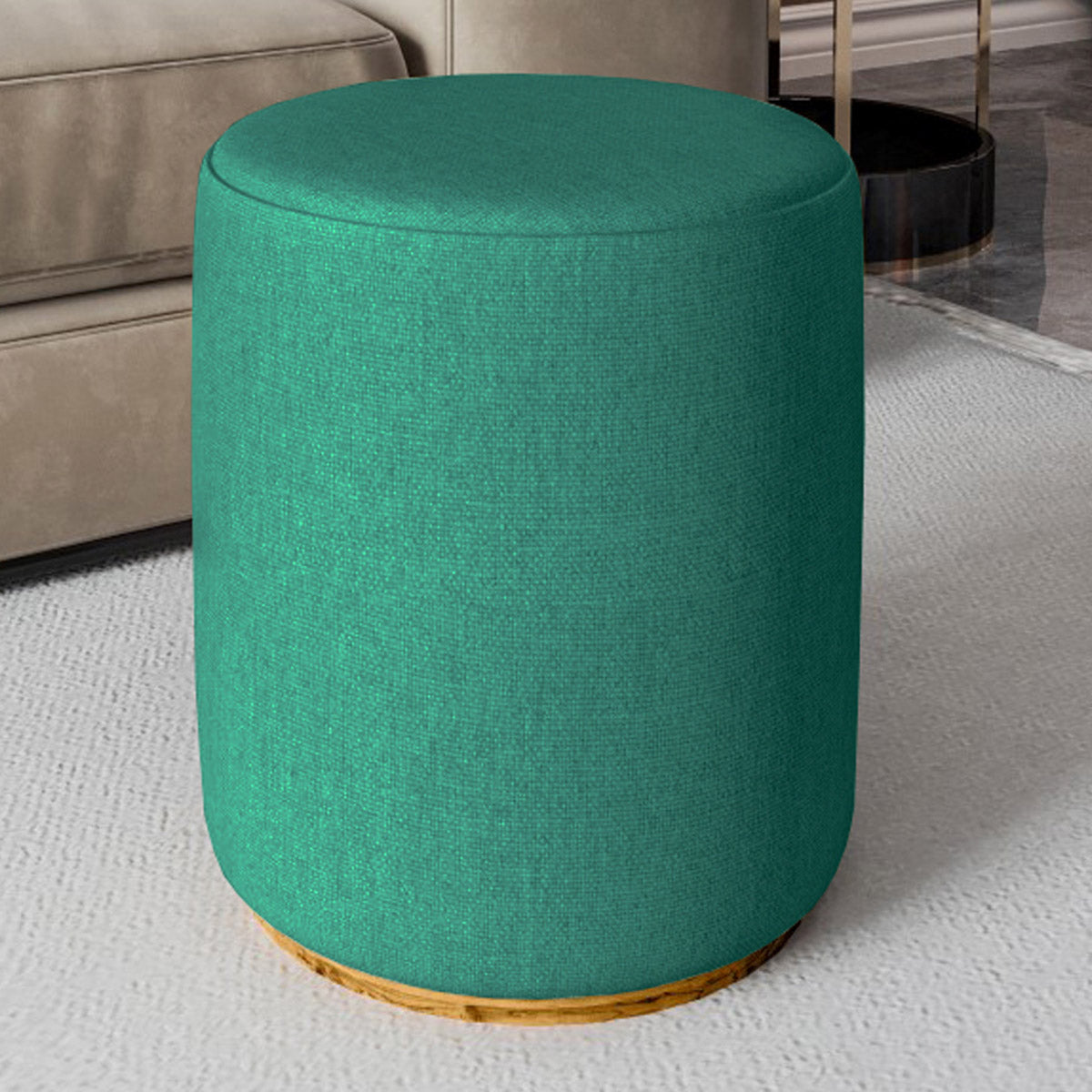 Puff Redondo Estofado Lino Unitário ou Kit Base de Madeira Revestimento em Linhão Decorativo - LH Móveis