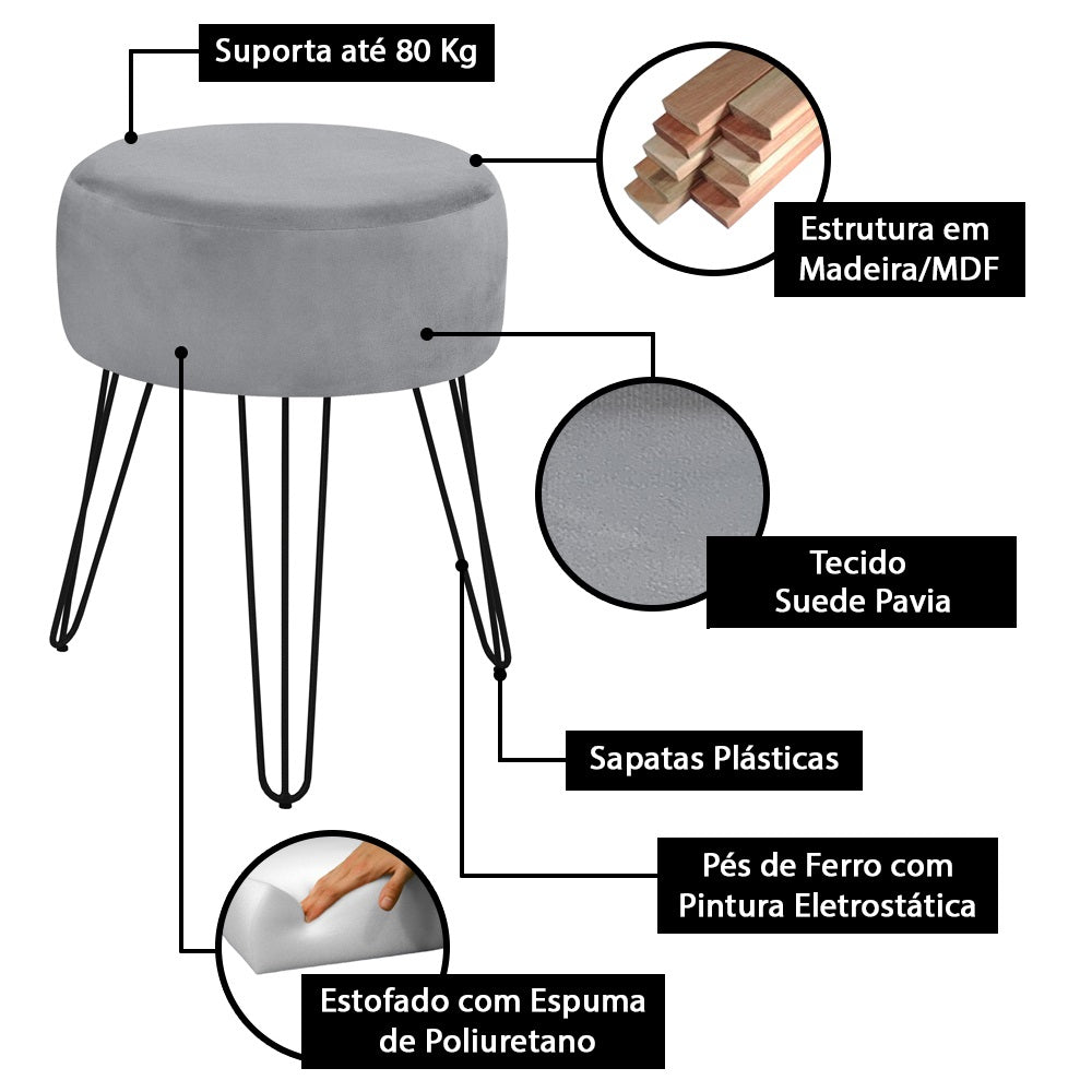 Puff Luanda Redondo Pé Preto Estrutura de Madeira Decorativo - LH Móveis