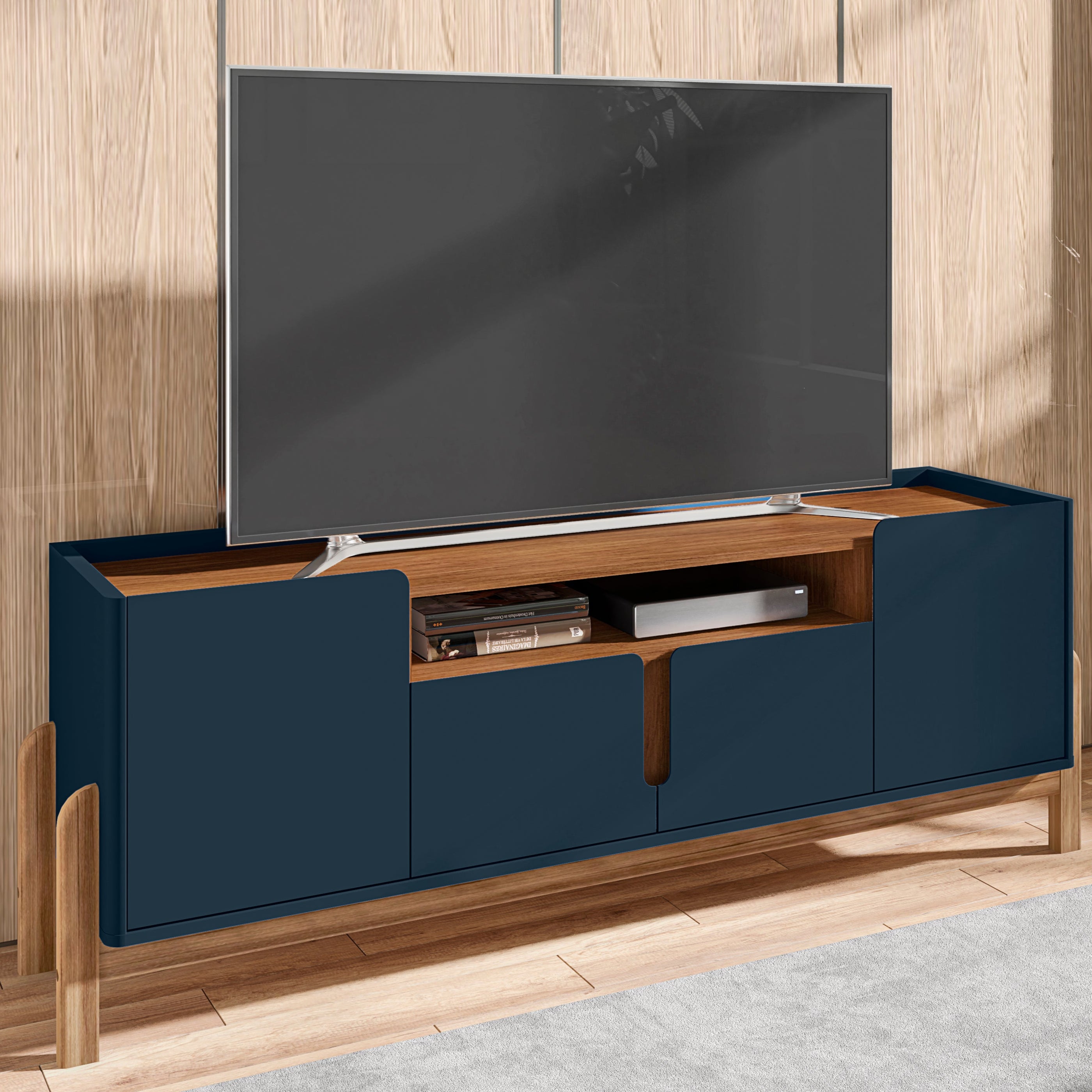 Rack Lizz para TV Até 60 Polegadas 170cm Portas com Detalhe Curvo Base de Madeira - LH Móveis