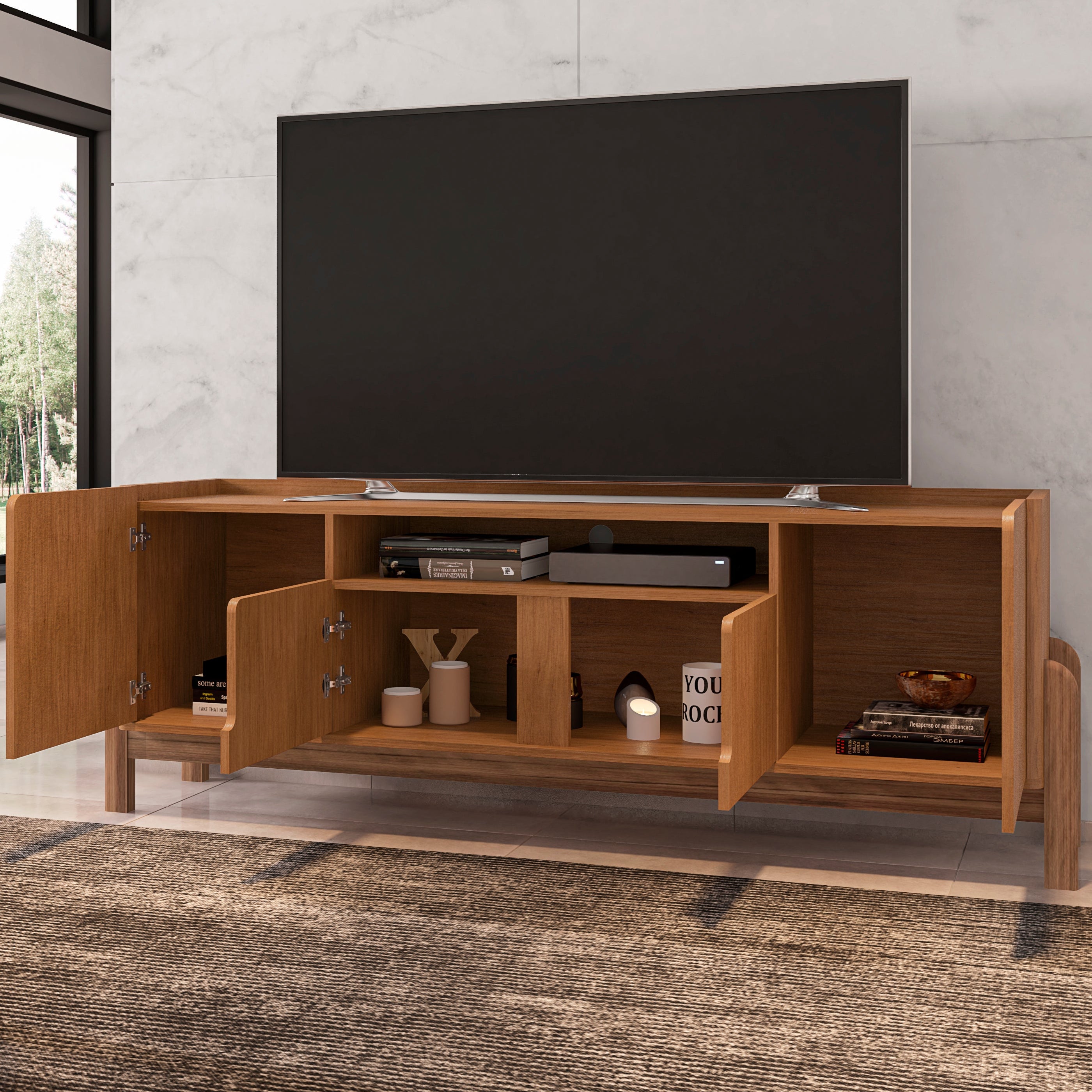 Rack Lizz para TV Até 60 Polegadas 170cm Portas com Detalhe Curvo Base de Madeira - LH Móveis