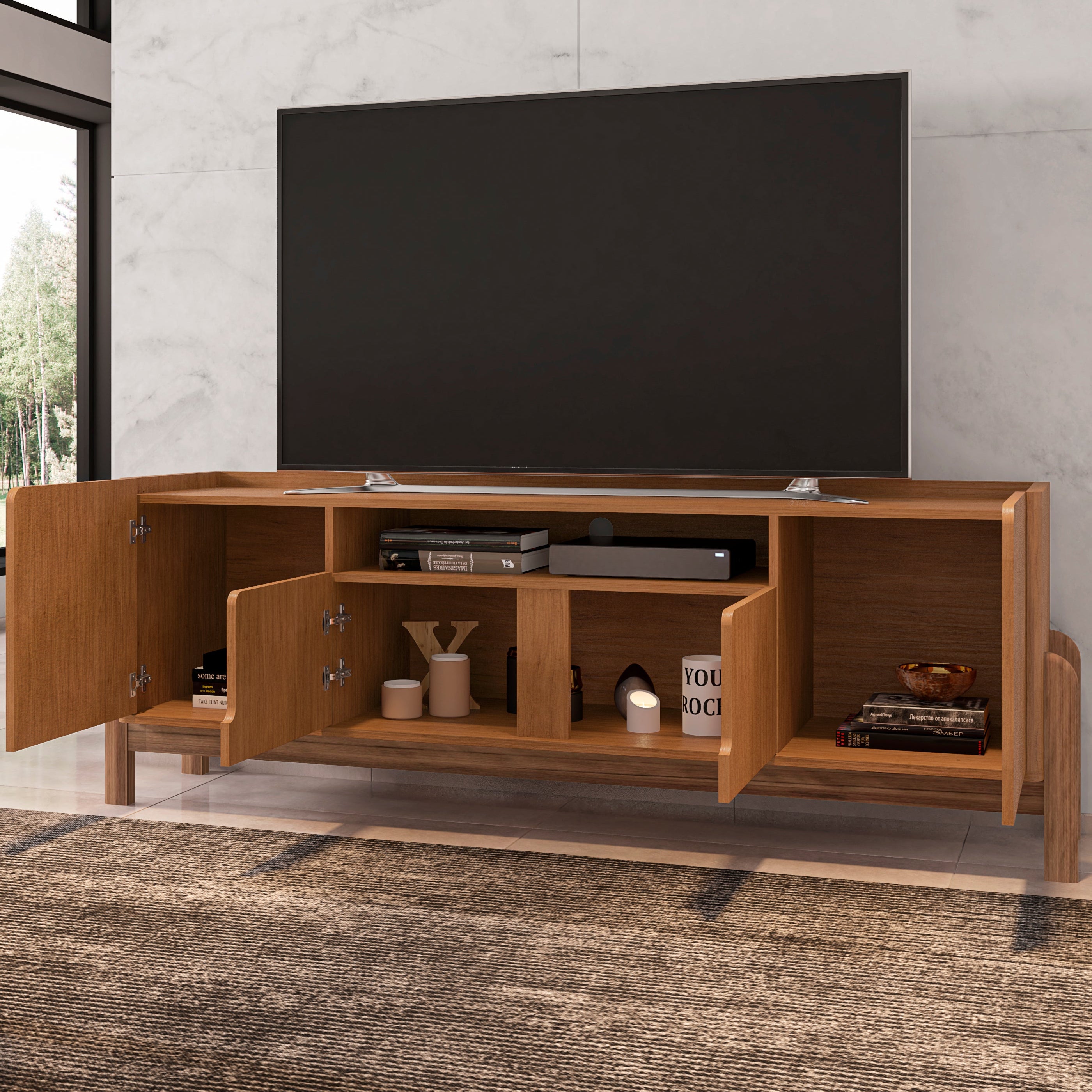 Rack Lizz 190cm para TVs Até 60 Polegadas Com Detalhes Curvo Base de Madeira - LH Móveis