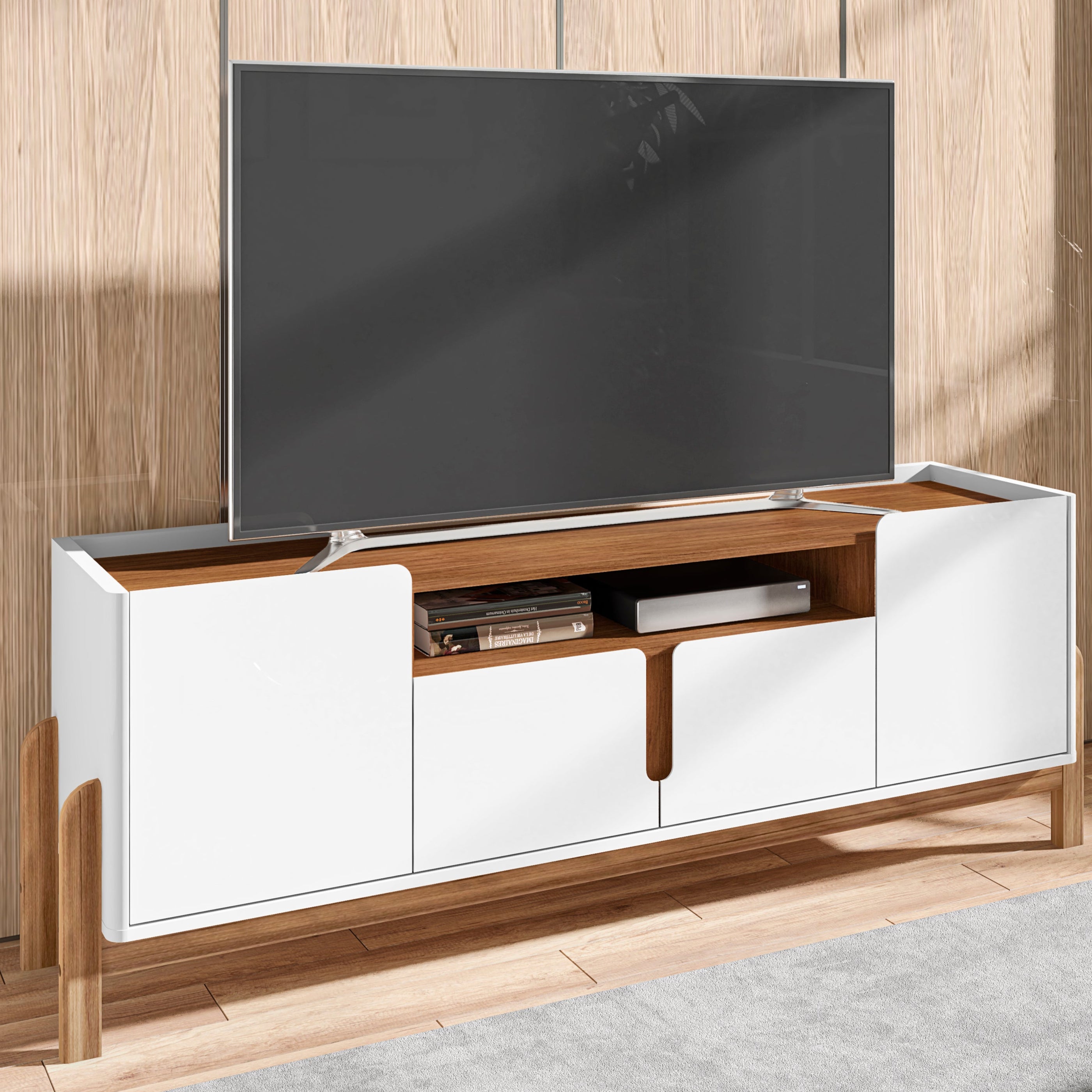 Rack Lizz para TV Até 60 Polegadas 170cm Portas com Detalhe Curvo Base de Madeira - LH Móveis