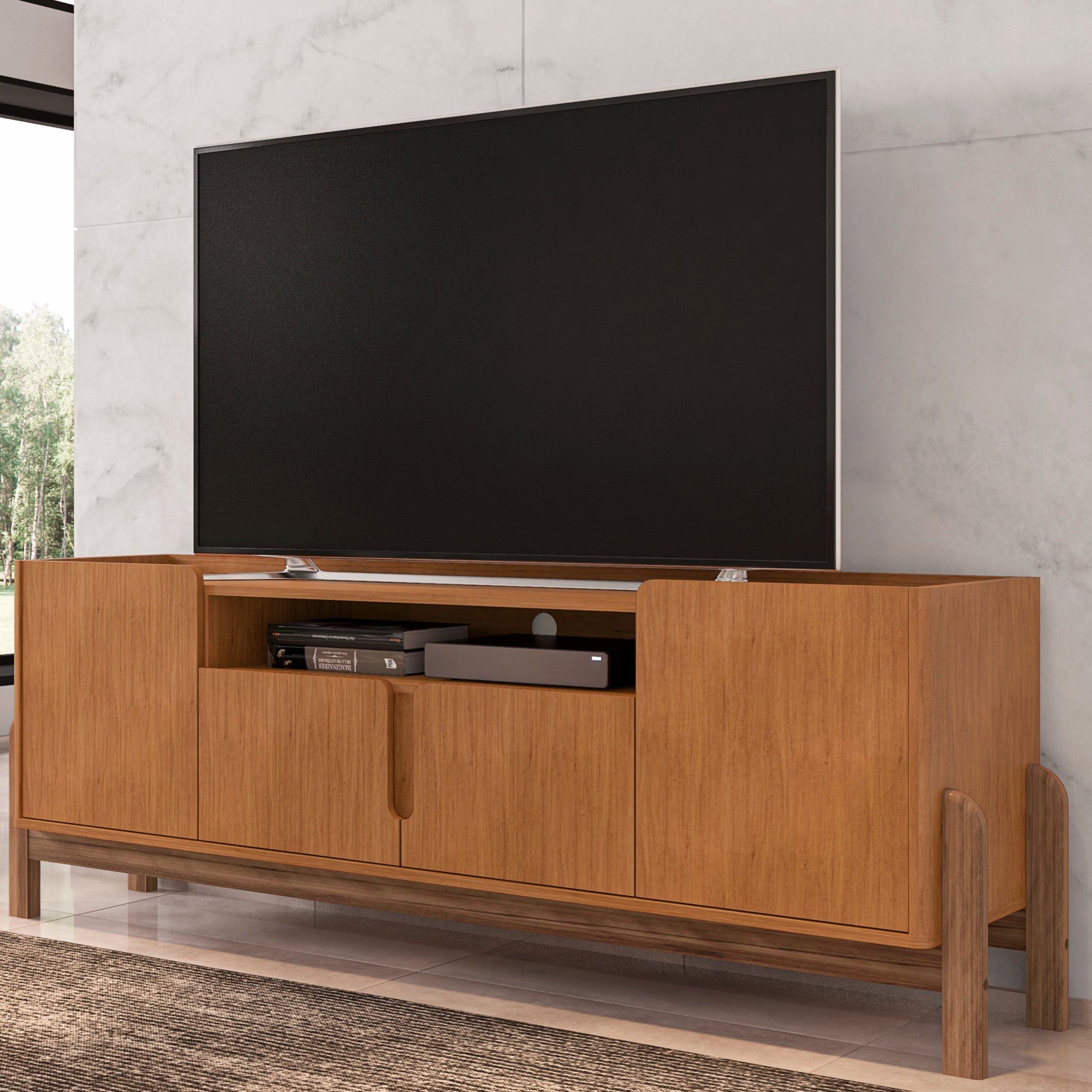 Rack Lizz para TV Até 60 Polegadas 170cm Portas com Detalhe Curvo Base de Madeira - LH Móveis