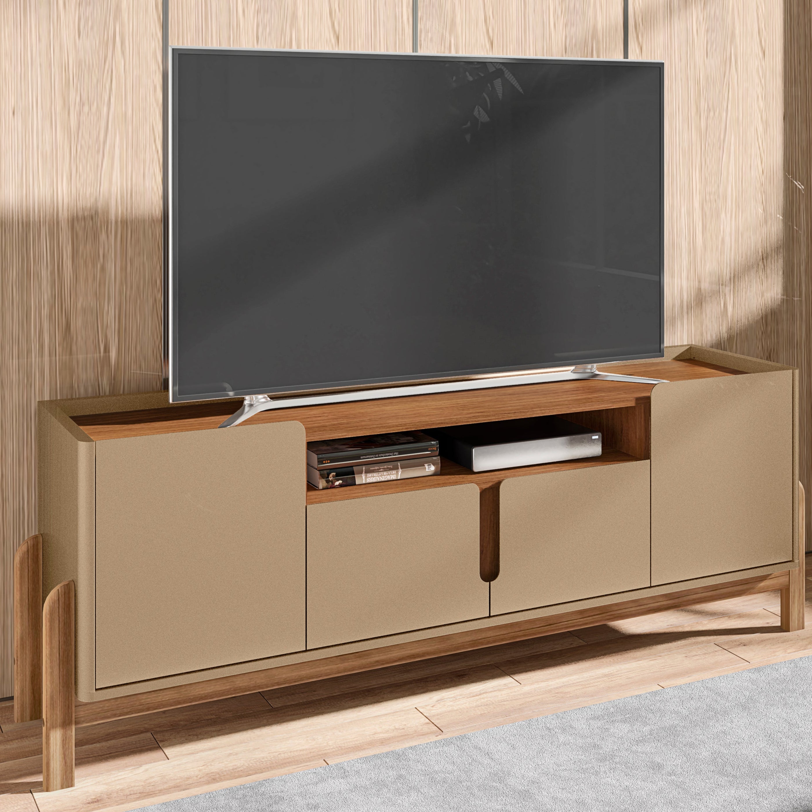 Rack Lizz para TV Até 60 Polegadas 170cm Portas com Detalhe Curvo Base de Madeira - LH Móveis
