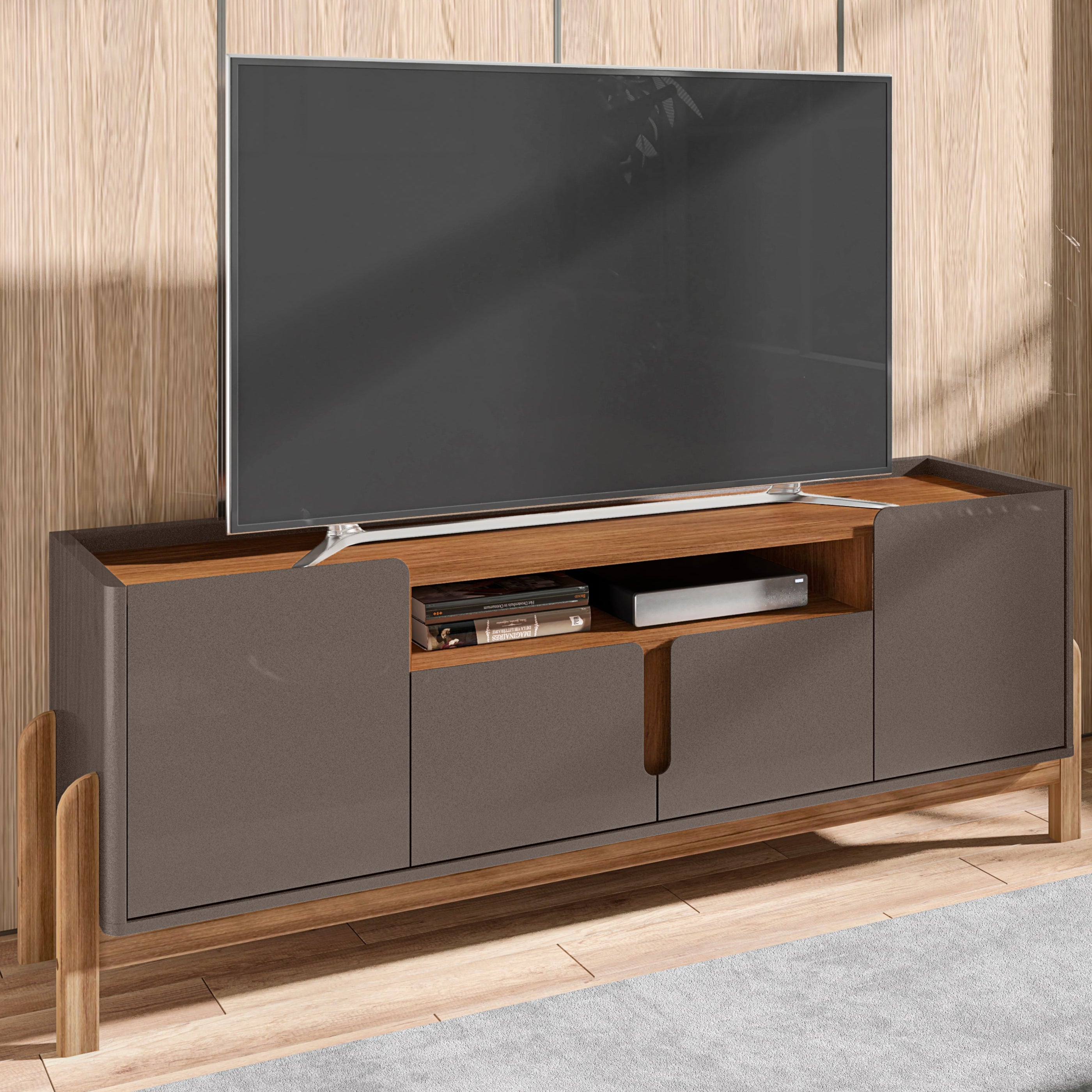 Rack Lizz para TV Até 60 Polegadas 170cm Portas com Detalhe Curvo Base de Madeira - LH Móveis
