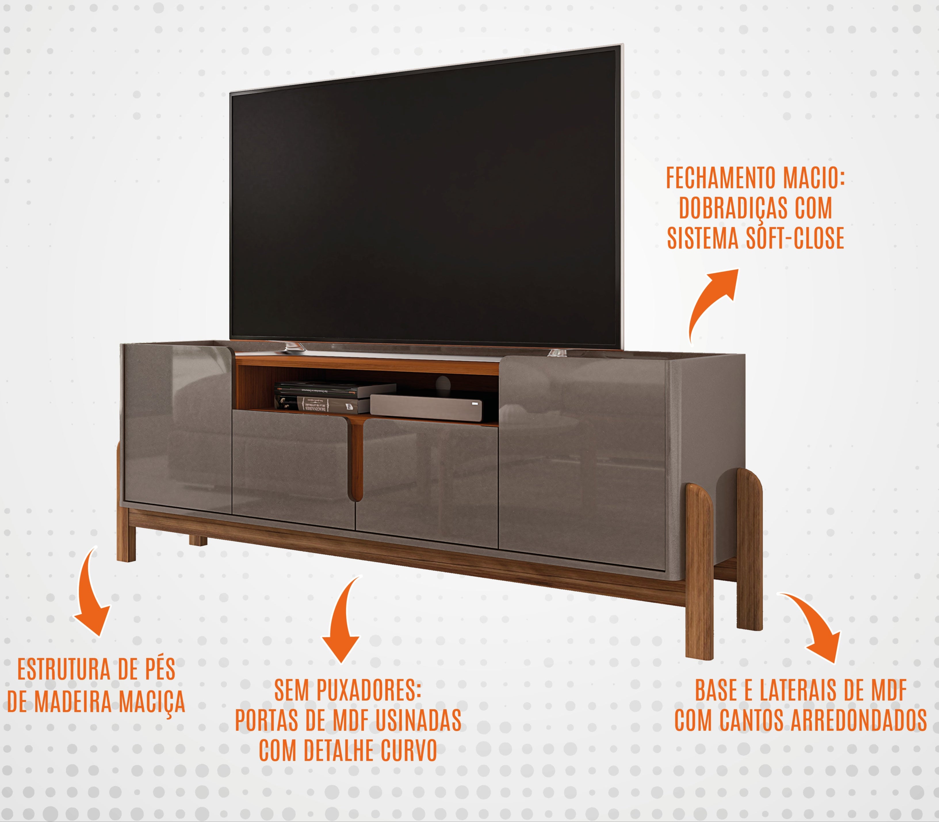 Rack Lizz para TV Até 60 Polegadas 170cm Portas com Detalhe Curvo Base de Madeira - LH Móveis