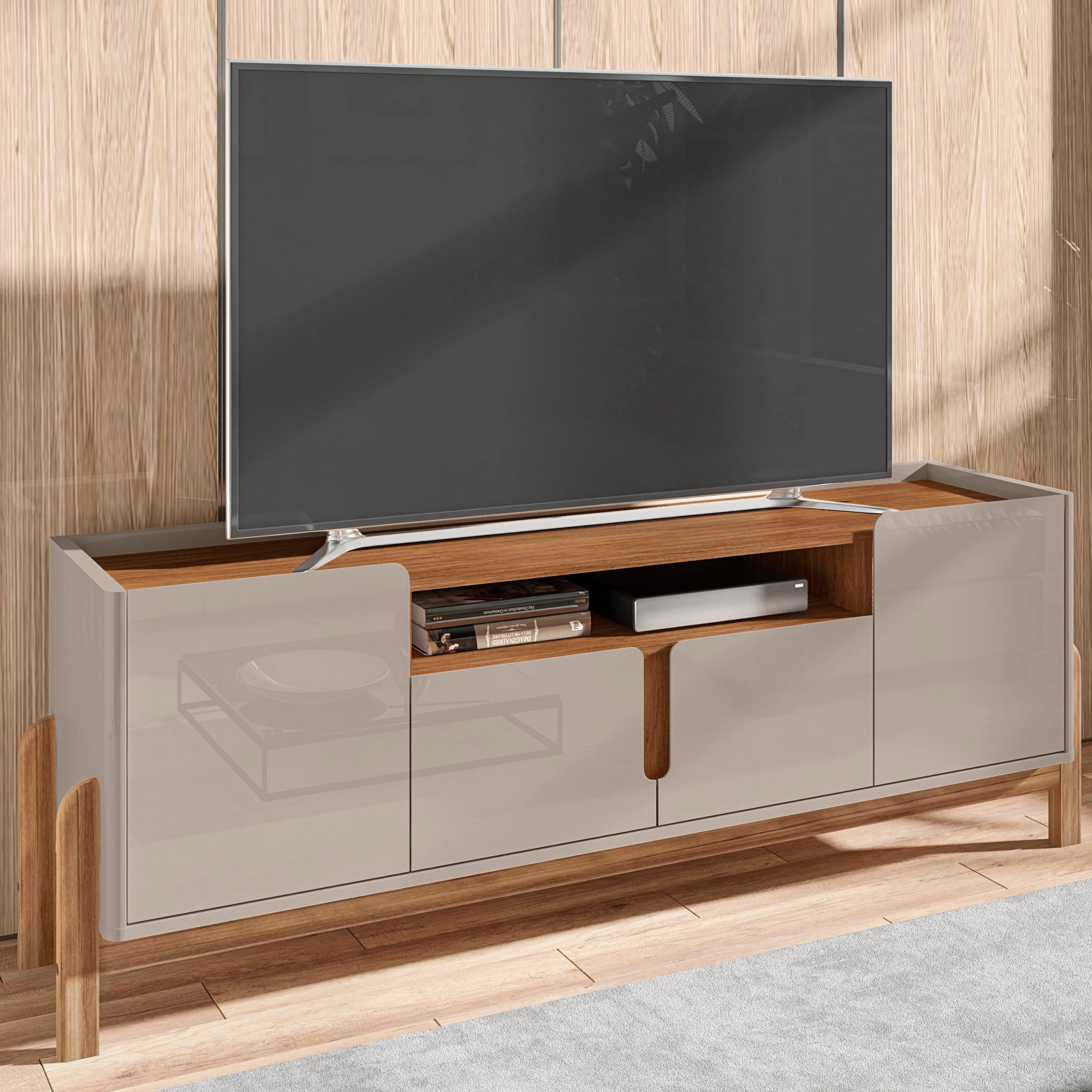 Rack Lizz para TV Até 60 Polegadas 170cm Portas com Detalhe Curvo Base de Madeira - LH Móveis