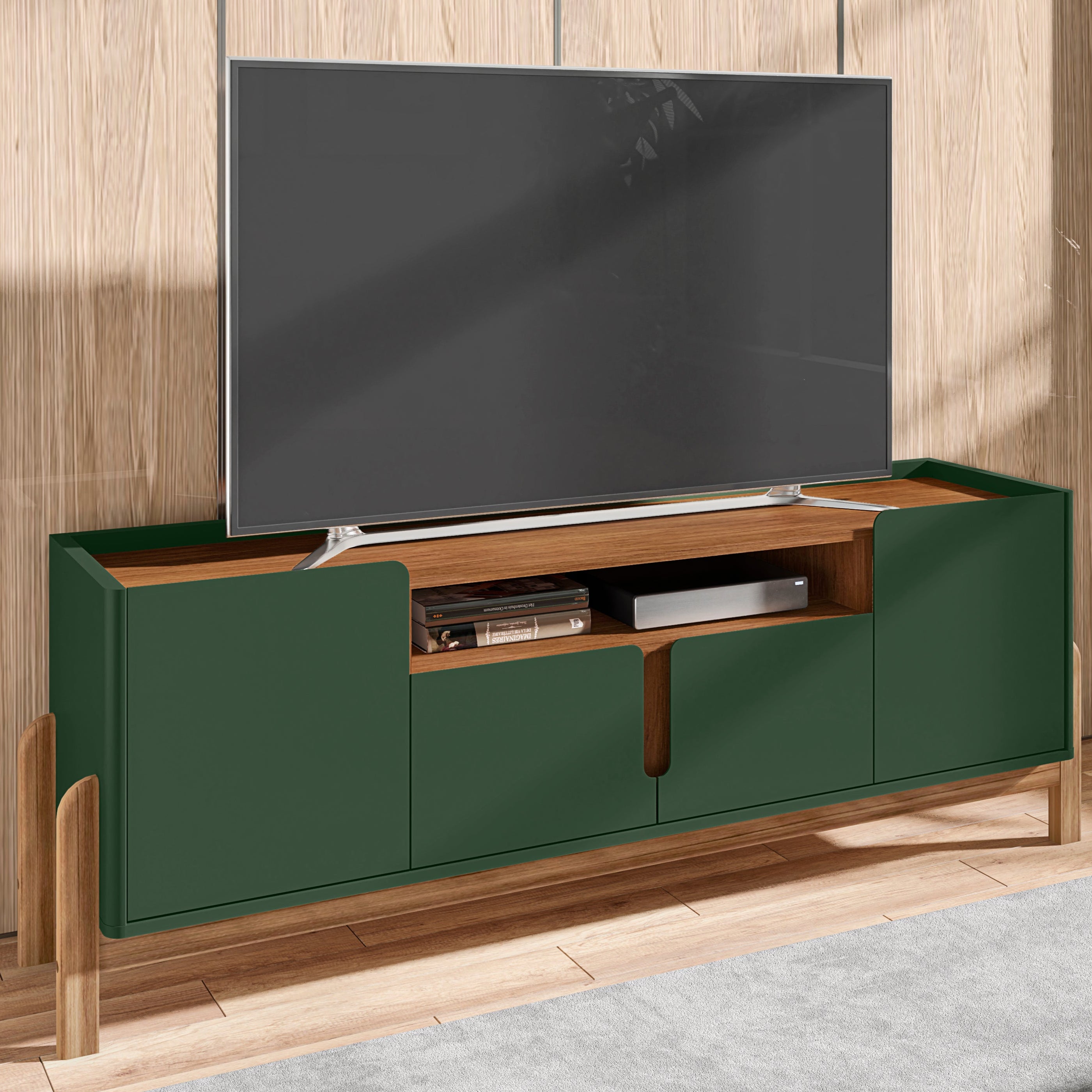 Rack Lizz para TV Até 60 Polegadas 170cm Portas com Detalhe Curvo Base de Madeira - LH Móveis